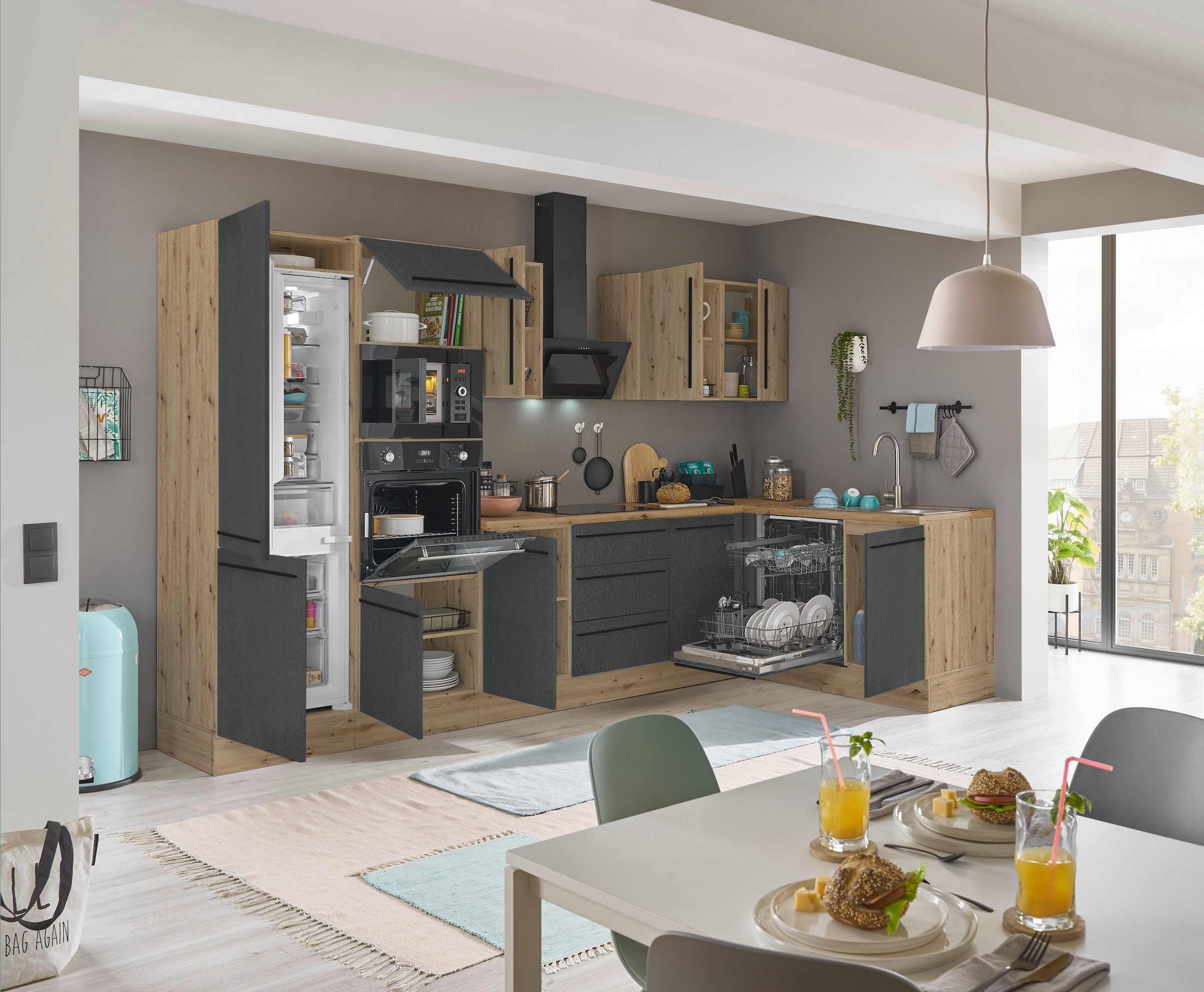 KOCHSTATION Winkelküche »Florida, Stellbreite 340x175 cm« wahlweise mit E-Geräten, mit Softclose für Türen und Schubkästen