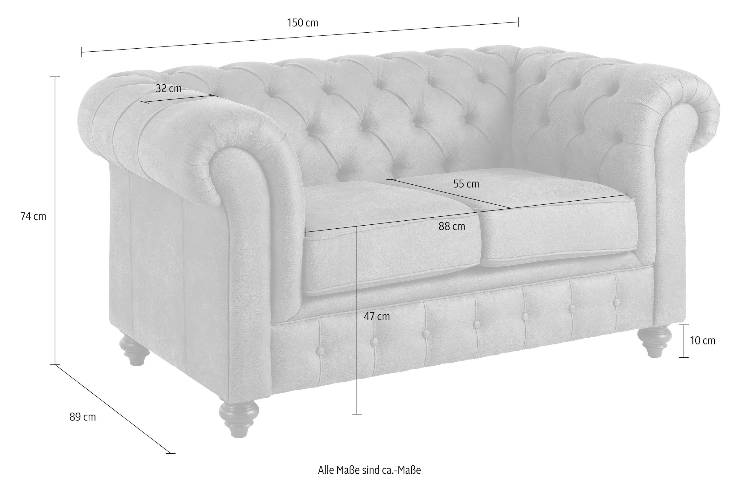 Home affaire Chesterfield-Sofa »Chesterfield 2-Sitzer B/T/H: 150/89/74 cm«, mit hochwertiger Knopfheftung, auch in Leder