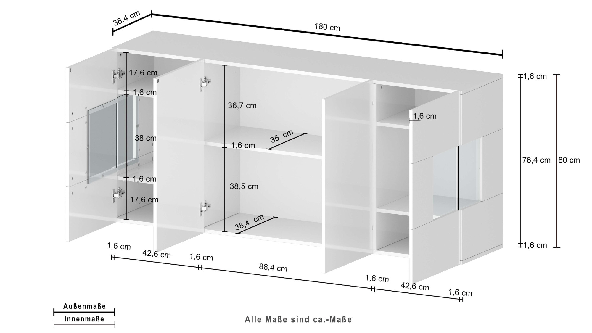 INOSIGN Sideboard »Egypt, Kommode, Schrank, Kredenz, Vitrine grifflos«, 4 Türen davon 2 mit Glaseinsatz, kompl. Hochglanz lackiert, Breite 180