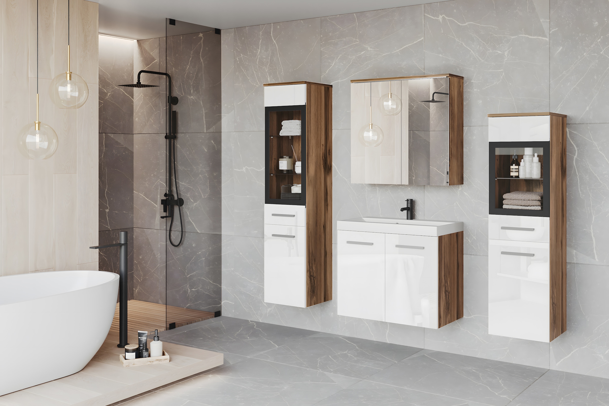welltime Badmöbel-Set »MADRIT II, Schrank mit Waschbecken, 2 Hänger, Spiegelschrank«, (Komplett-Set, 5 St.), Hängende Badmöbel mit Glaseinsätzen – in vielen Farben erhältlich