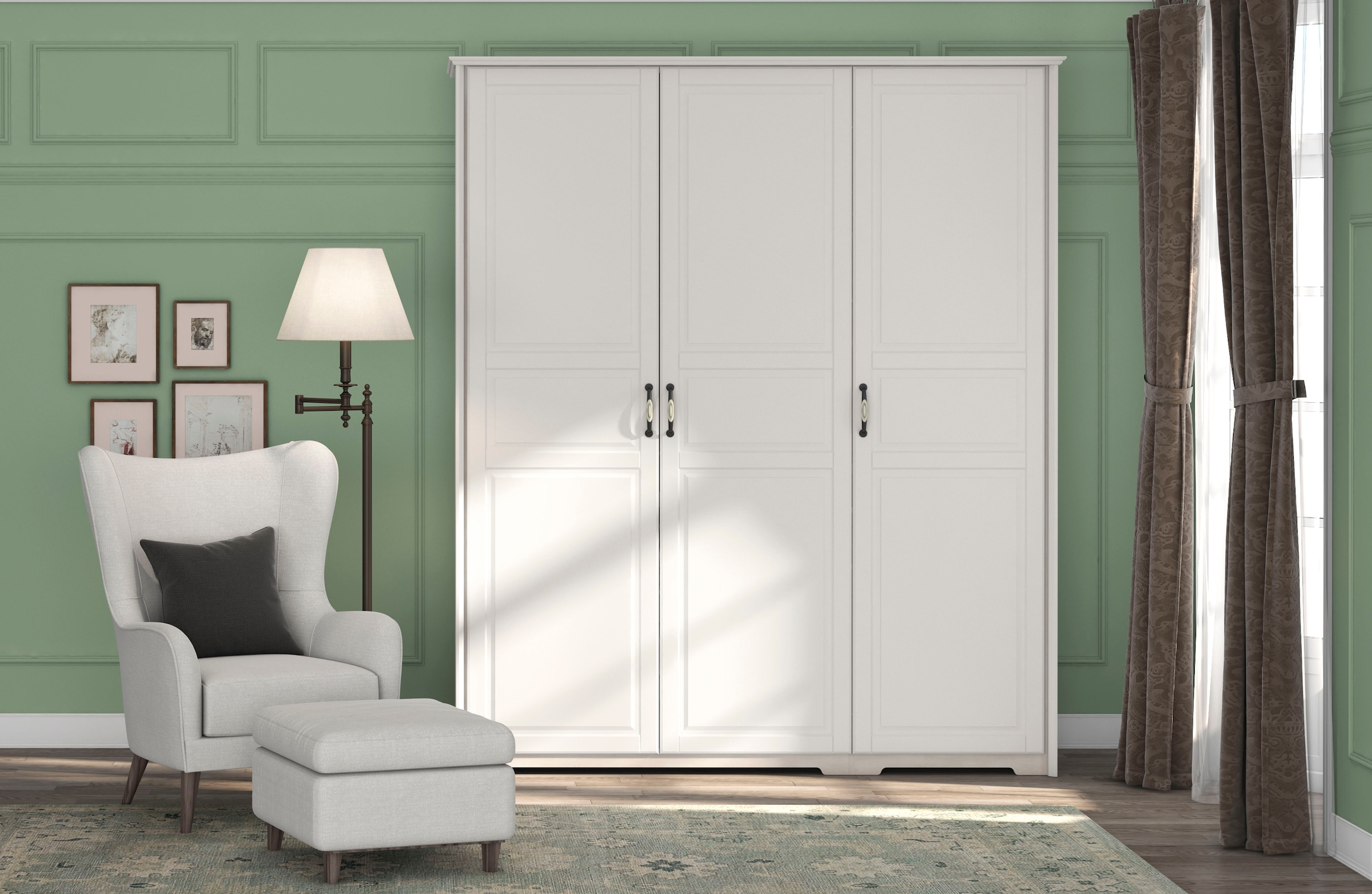 Home affaire Kleiderschrank »Evergreen, wahlweise in 3 Breiten, Höhe 224cm!«, (besonders dekorierter Metallgriff, Kasettenoptik in der Front), im klassischen Landhausstil,FSC-zertifiziert,hochwertige UV Lackierung