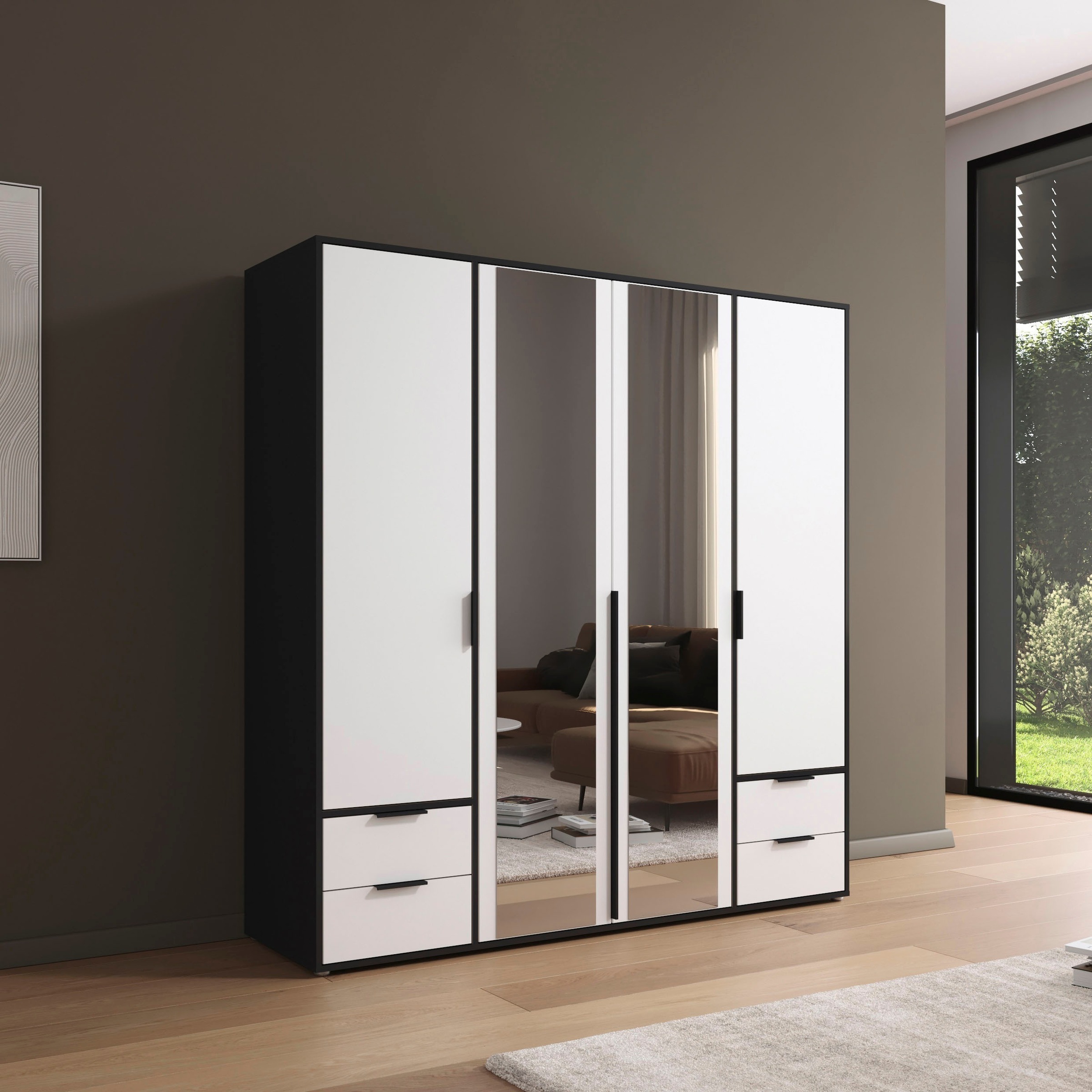 rauch Drehtürenschrank »Kleiderschrank Schrank Garderobe Wäscheschrank NAGATA mit Spiegel«, (in 3 verschiedenen Ausstattungen BASIC/CLASSIC/PREMIUM), und Schubladen sowie Stangengriffen TOPSELLER MADE IN GERMANY