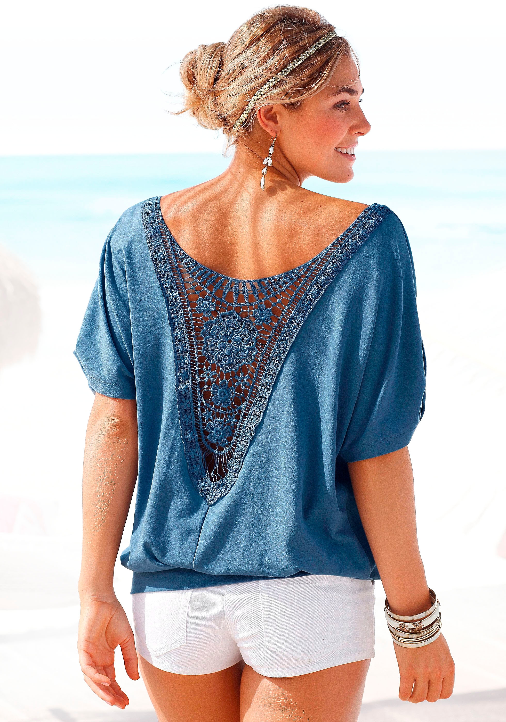 Strandshirt, mit Häkeleinsatz am Rücken, T-Shirt, weite Passform, luftig und locker