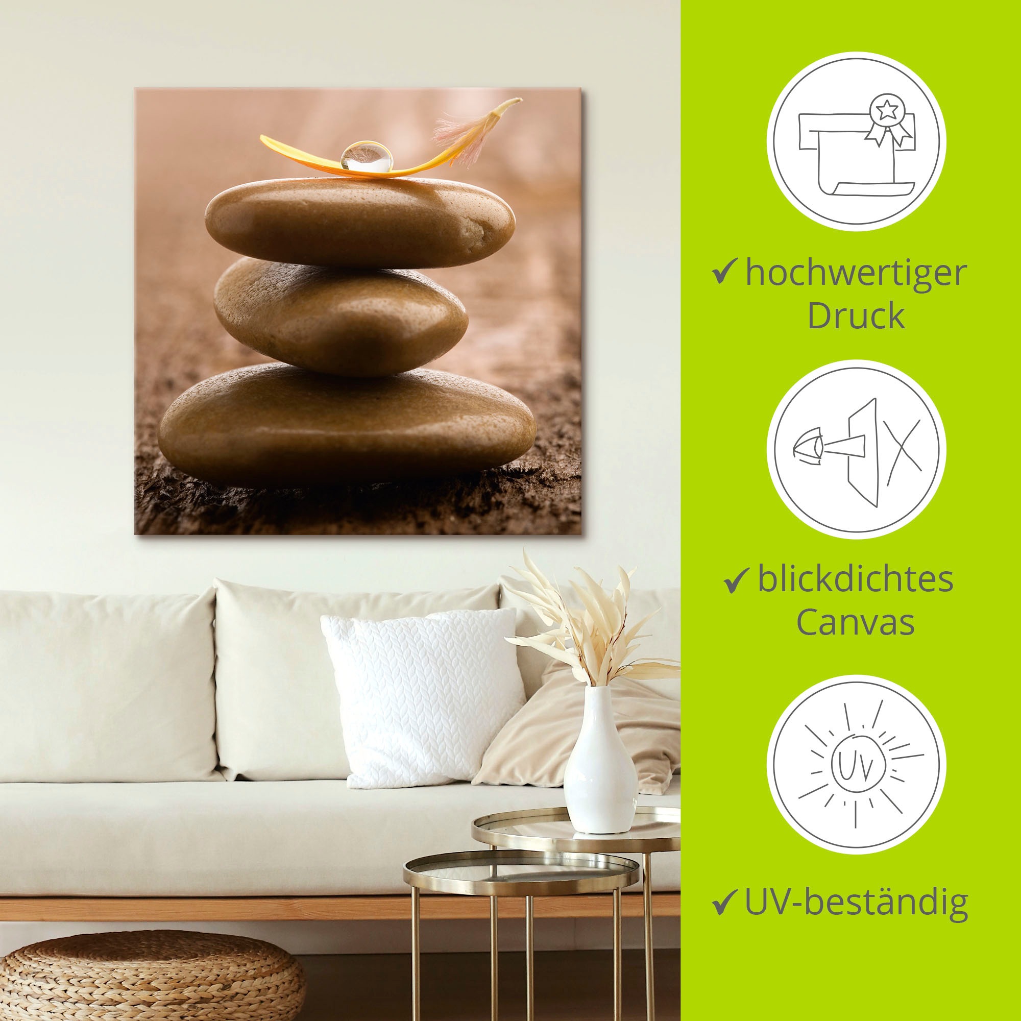 Artland Wandbild »Massagesteinen auf hölzernem Untergrund«, Zen, (1 St.), als Leinwandbild, Wandaufkleber in verschied. Größen