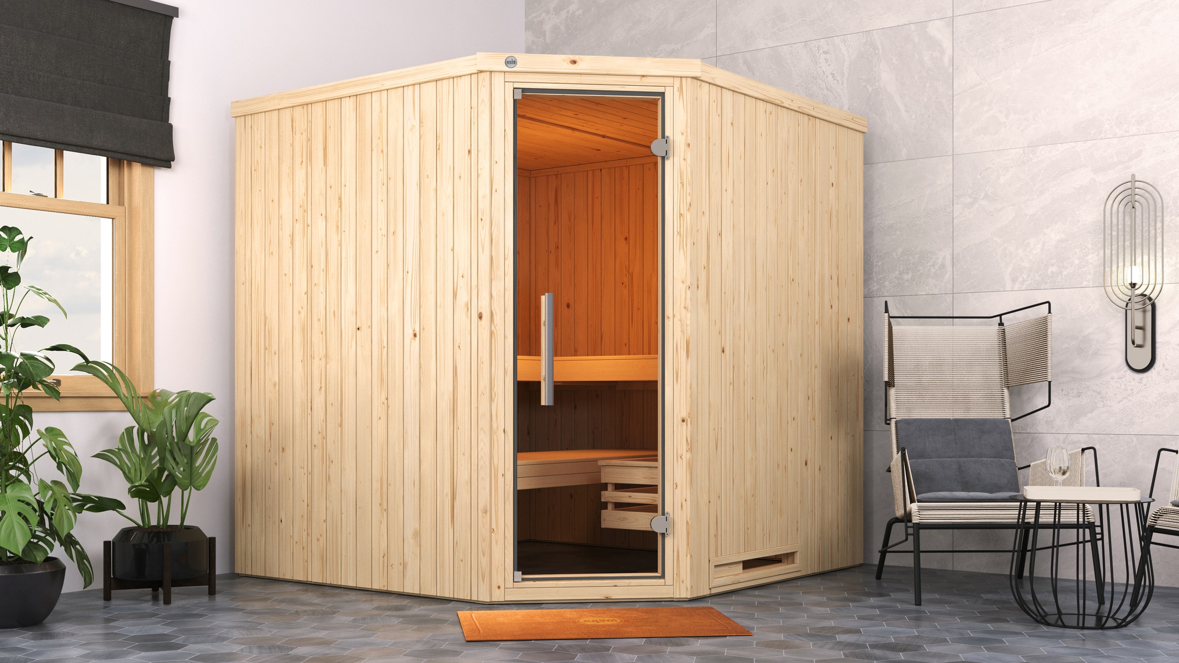 weka Sauna »Element-Ecksauna VARBERG 3« vorgefertigte Elemente, moderne Ganzglastür