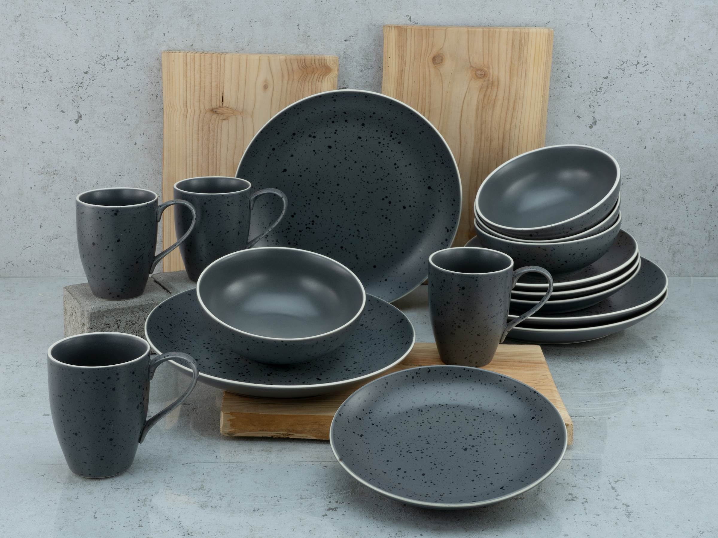 CreaTable Kombiservice »Geschirr-Set Industrial Chic« Service, seidenmatte Sprenkelglasur, 16 Teile, für 4 Personen