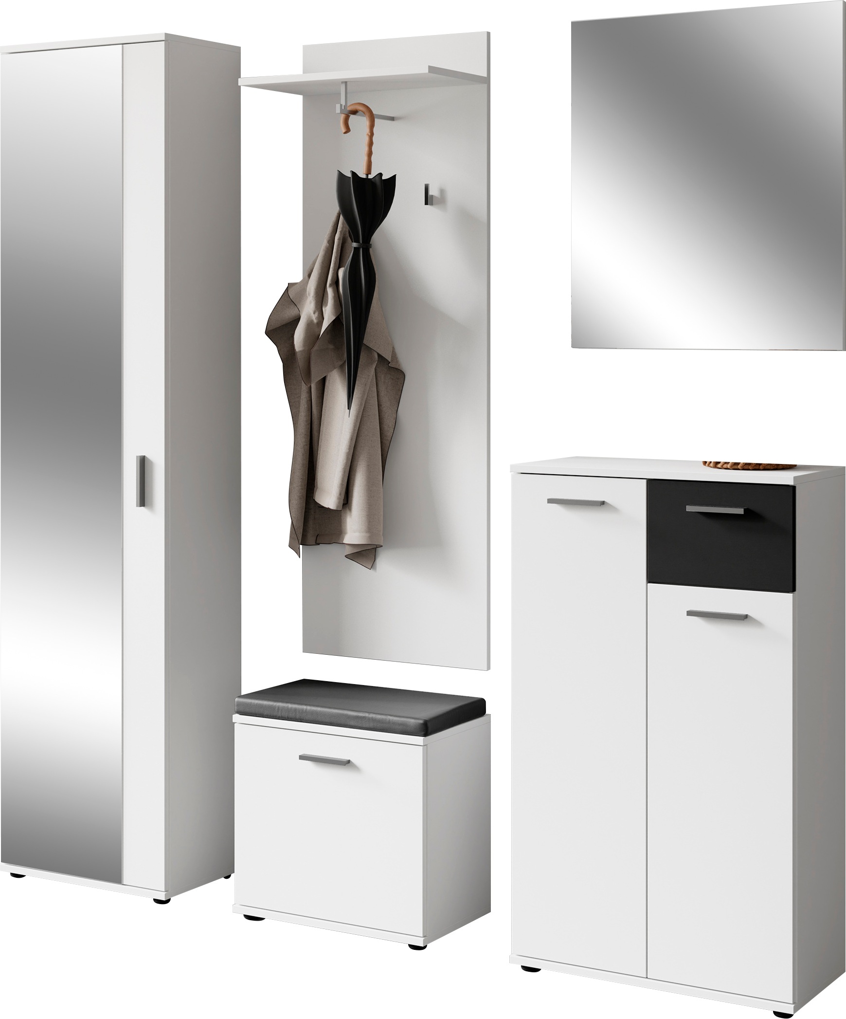 INOSIGN Garderoben-Set »Jakob« 5 Stk. tlg. Weiß / Schwarz Spiegel, Schuhkommode, Wandpaneel, Sitzbank, Garderobenschrank