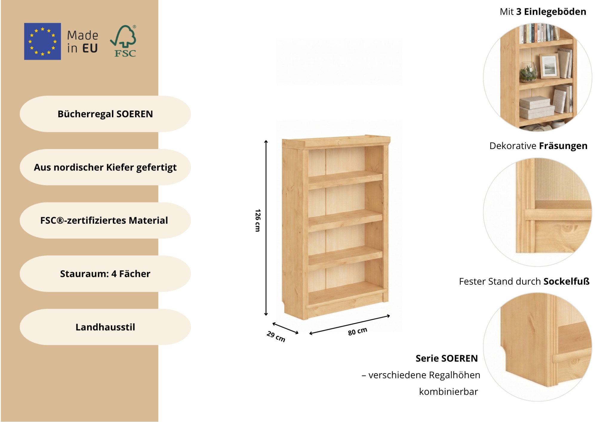 OTTO home Bücherregal »Soeren« aus massiver Kiefer, Tiefe 29 cm, FSC®-zertifiziert