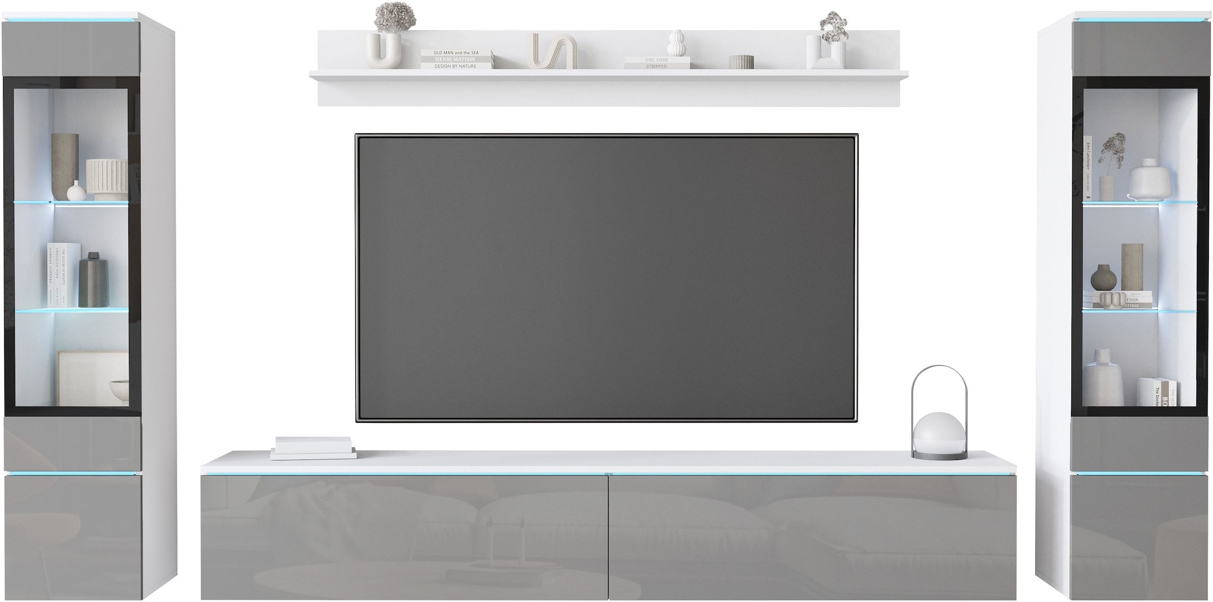 INOSIGN Wohnwand »VERA II, Vitrinen Türanschlag wechselbar«, (Komplett-Set, 4 St.), Mediawand 260 cm, Vitrine mit Verglasung, stehend und hängend