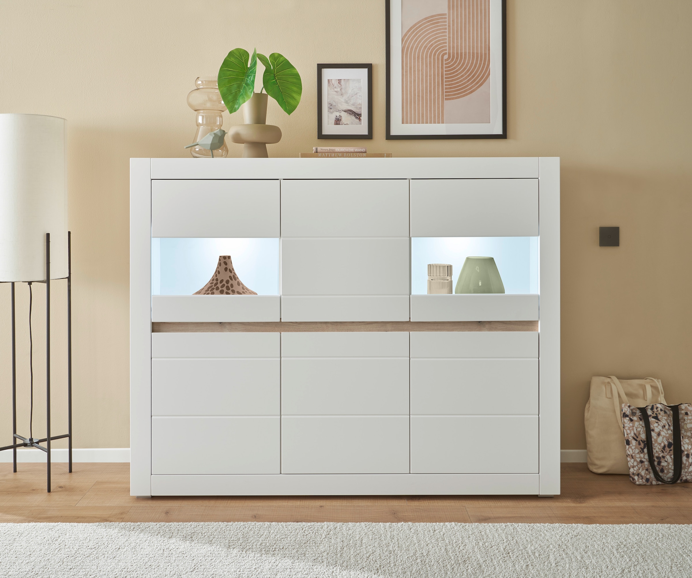 INOSIGN Highboard »Chester, moderne Kommode, Schrank mit Stauraum, Sideboard in Weiß Matt«, (1 St.), austauschbare Blende in Griffleiste, zeitloses Design, 165 cm breit