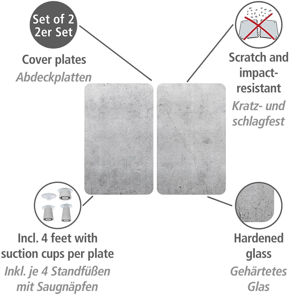 WENKO Herd-Abdeckplatte »Universal Modell XL Beton«, (2 tlg., 2er Set), Herdabdeckung für alle Herdarten, kratzfest, mit rutschfesten Füßen