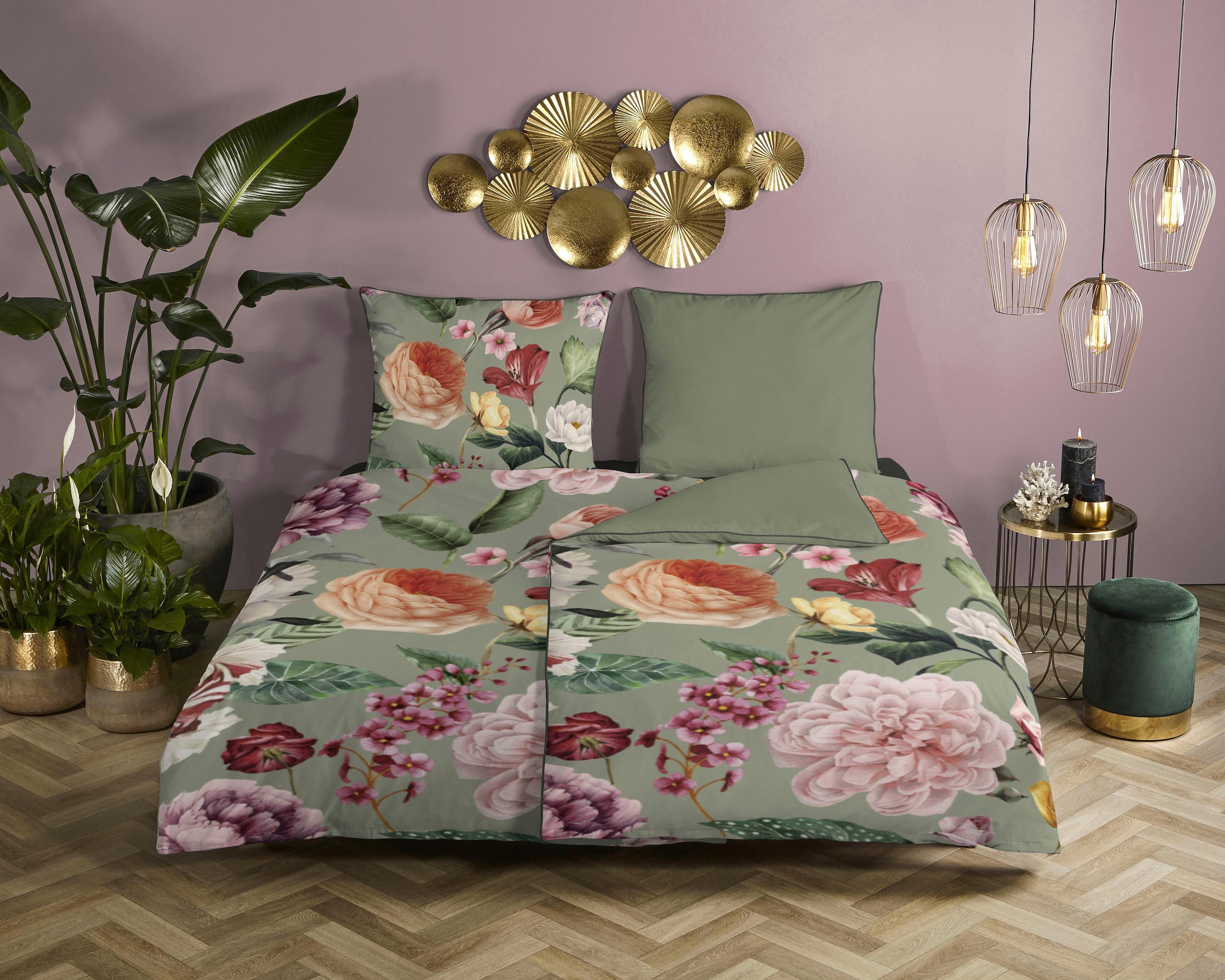 Descanso Wendebettwäsche »Fiori«, Baumwolle, Satin, 135x200, Biese, Reißver günstig online kaufen