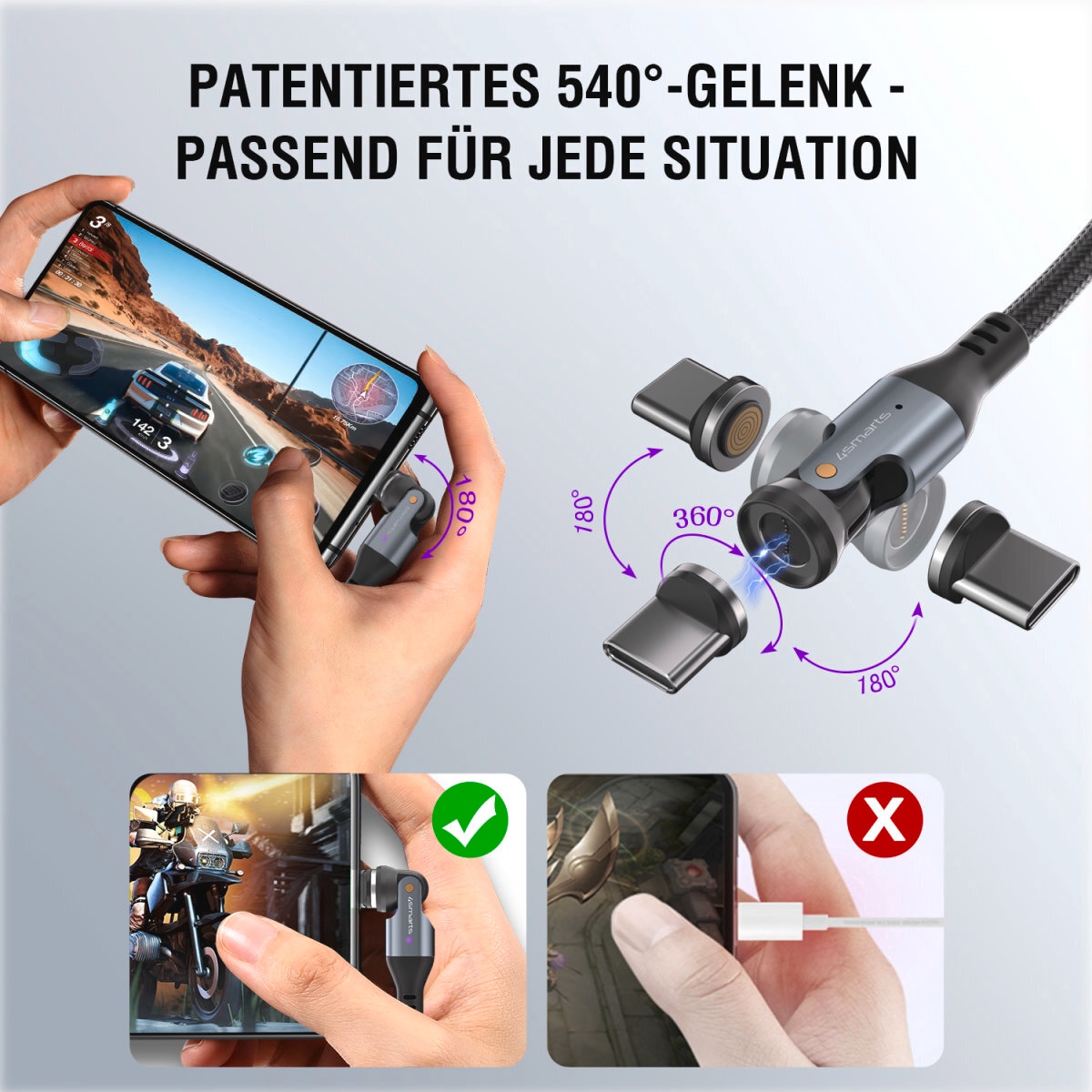 4smarts USB-Kabel »USB-C 540° Magnetkabel-Set GravityCord 240W« USB Typ C 180 cm