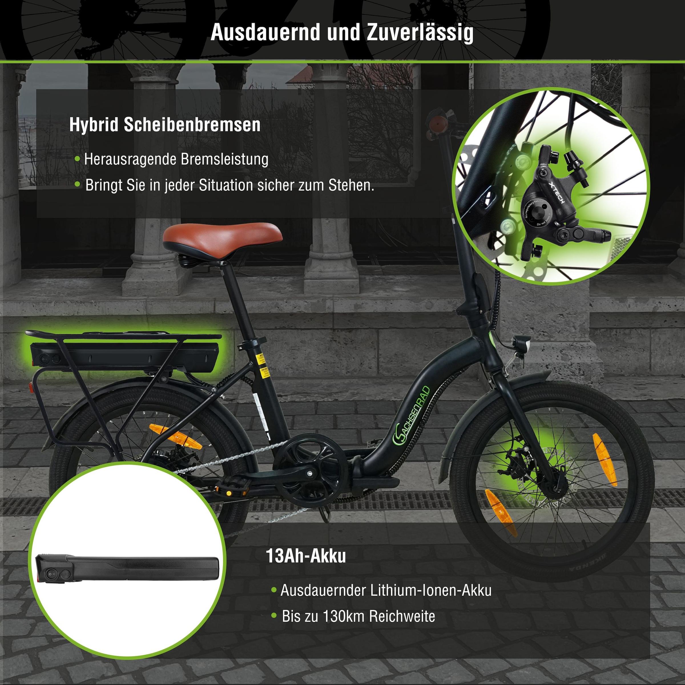 SachsenRad »Faltrad F2 Farmers mit Korb und Alarmanlage« 7 Gang Shimano Kettenschaltung Heckmotor 250 W