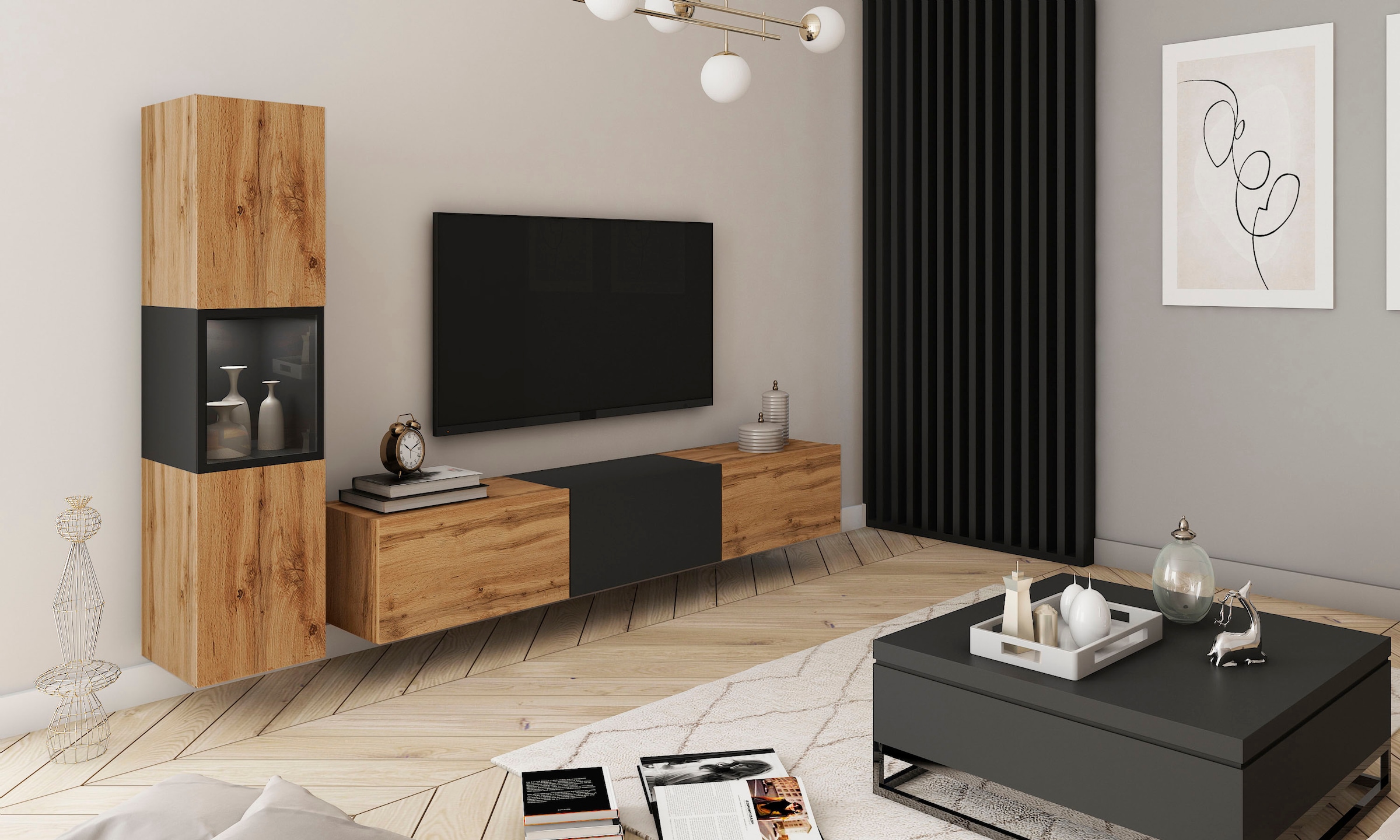 INOSIGN Wohnwand »BERLIN I, Vitrine Türschlag links/rechts wechselbar«, (Komplett-Set, 2 St.), moderne grifflose Mediawand Breite 220 cm, Vitrine mit Verglasung