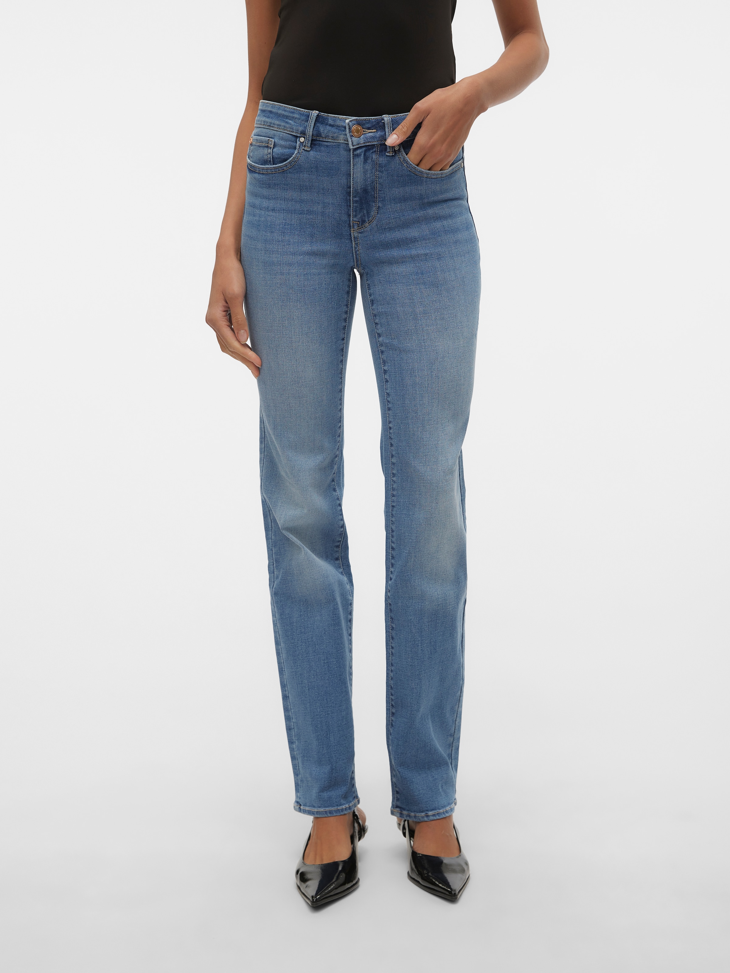 Vero Moda Straight-Jeans »VMFLASH MR STRAIGHT JEANS LI347 GA NOOS« Baumwollmischung mit Stretch, regular waist, straight fit