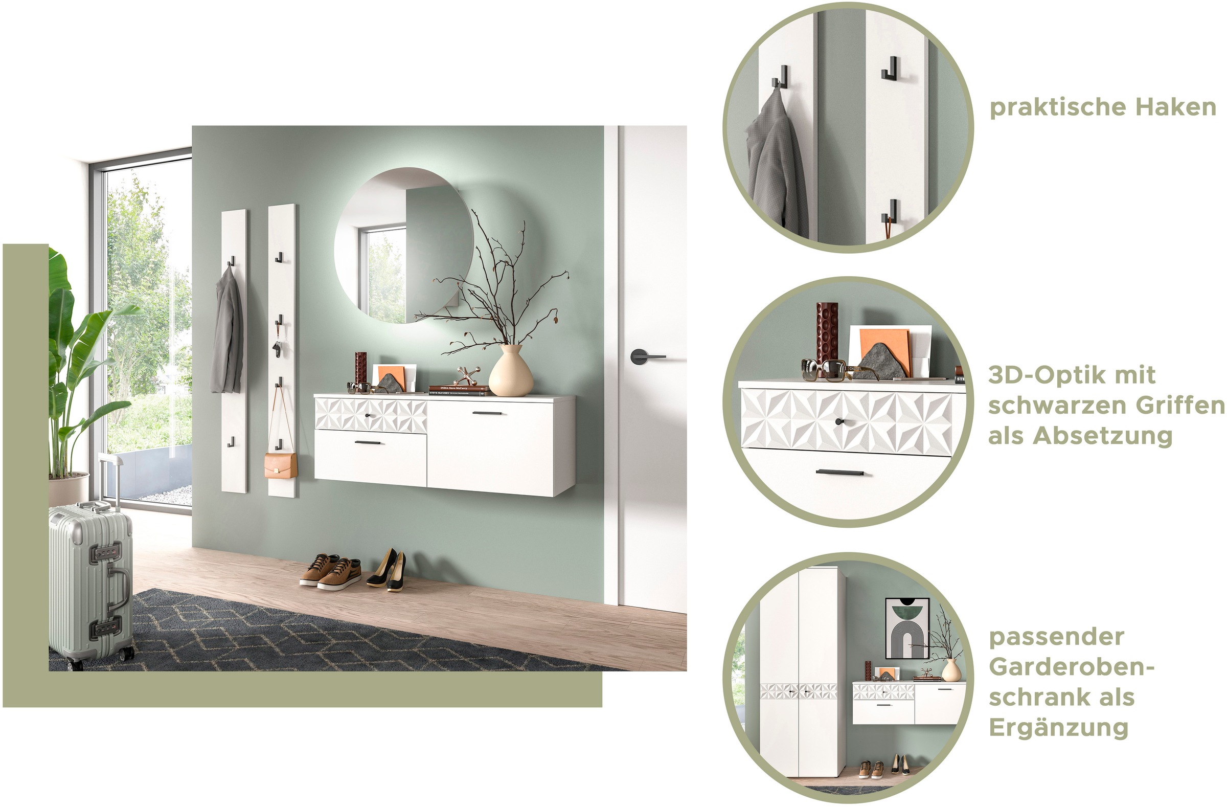 INOSIGN Garderoben-Set »VICENZA, 4-tlg., mit foraler Ornamentabsetzung in der Front«, (4 St.), best. aus.: Schuhschrank, Spiegelschrank und 2x Hakenpaneel