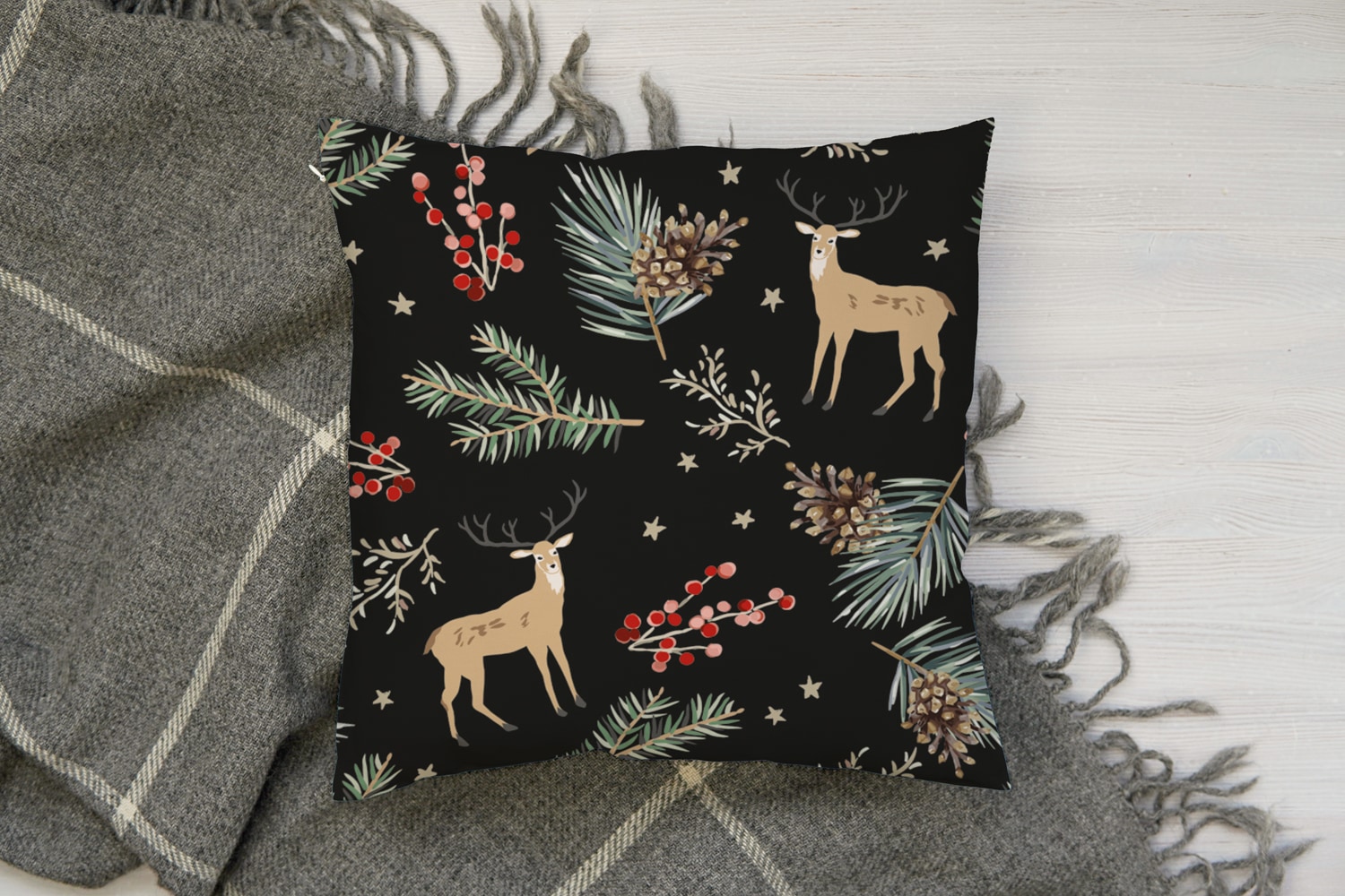 queence Dekokissen »Rudolf«, Kissenhülle,Rentier,Weihnachten,Schwarz,Winterlich,Weihnachtsmotiv