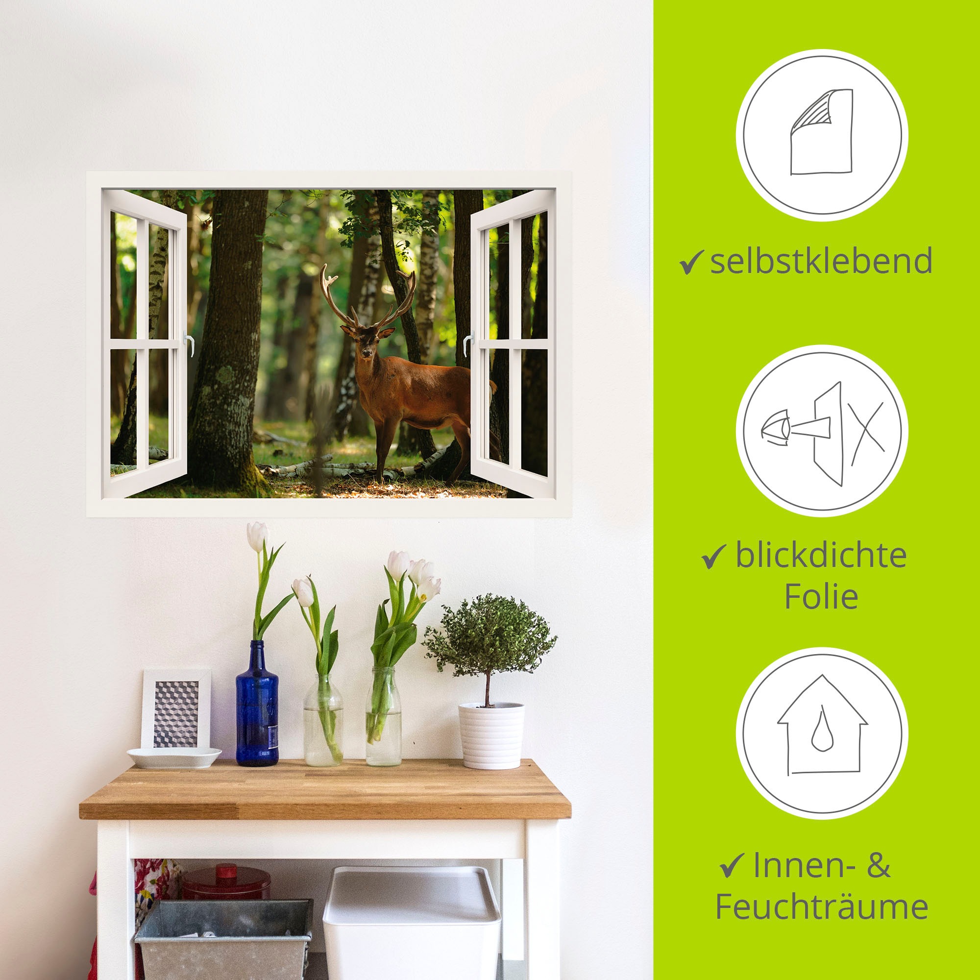 Artland Wandfolie »Fensterblick - Hirsch 4 - Wald«, Fensterblick, (1 St.), selbstklebend