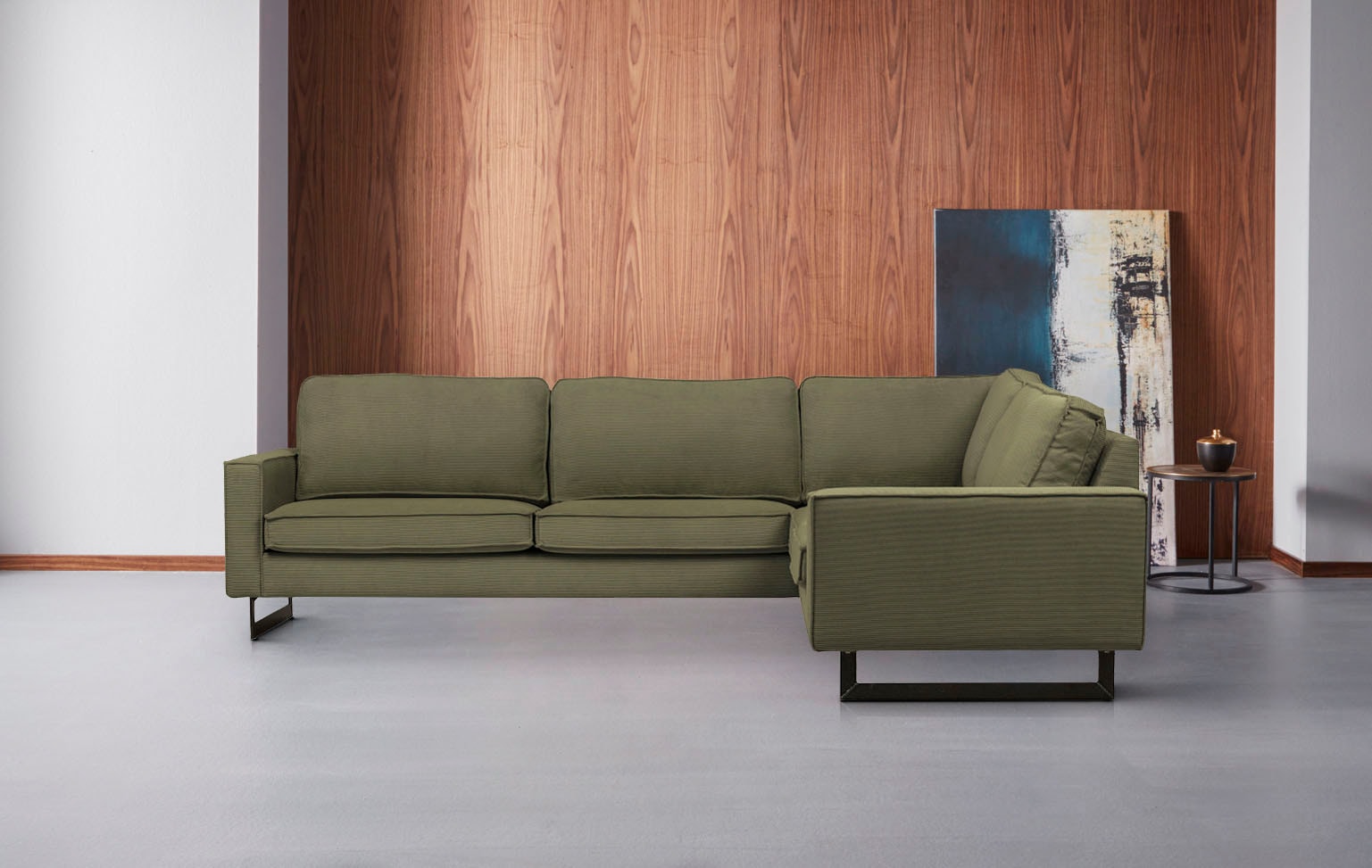 PLACES OF STYLE Ecksofa »Pinto, XXL, 250/290 cm, langer Schenkel, Ottomane« Cord, Chenille, Lederoptik, mit Keder, Metallfüße, Wellenunterfederung
