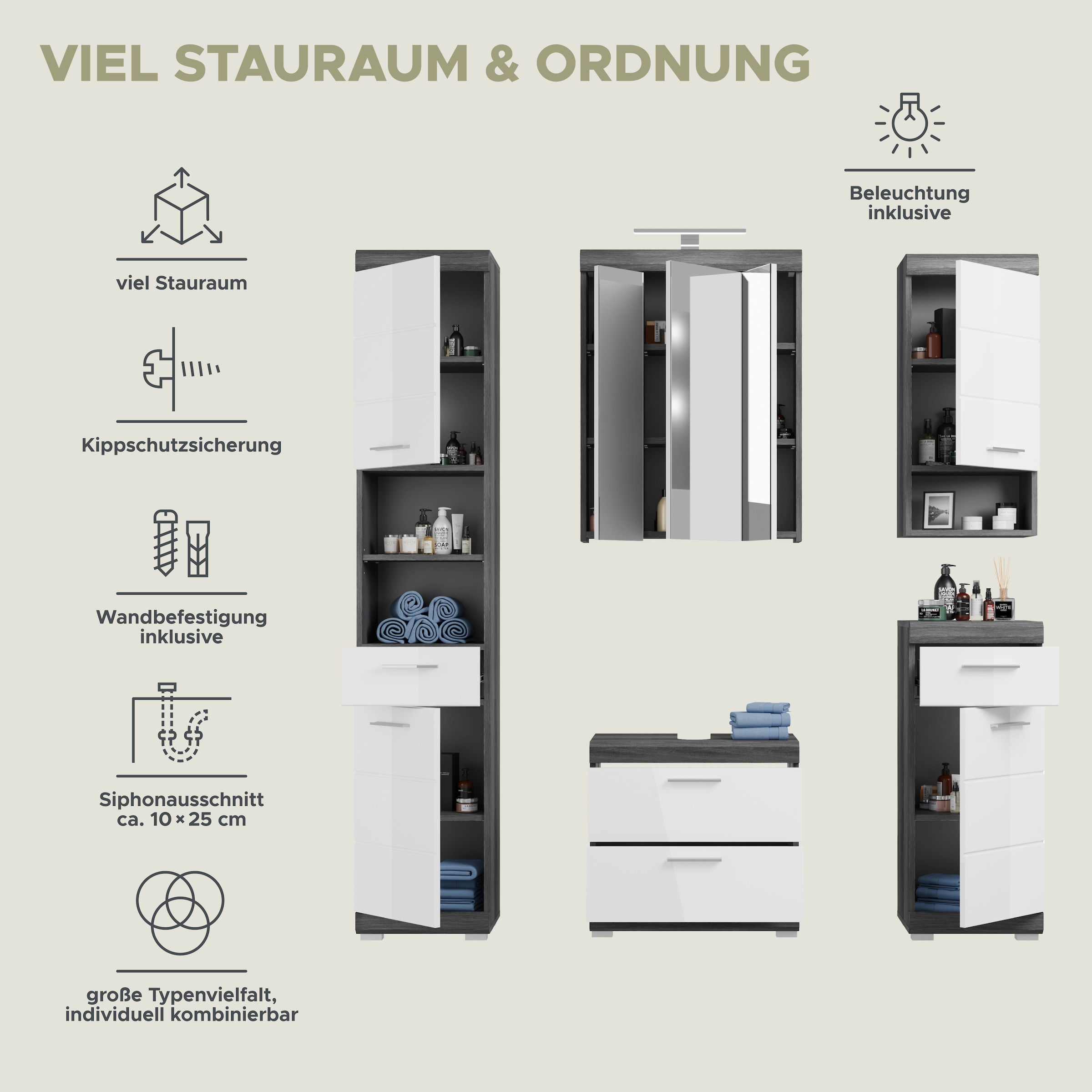 INOSIGN Badmöbel-Set »Siena, 5 teilig, inklusive LED Beleuchtung, bestehend aus:«, (Set, 5 St.), Hochschrank, WBU, Spiegelschrank, Unterschrank, Hängeschrank