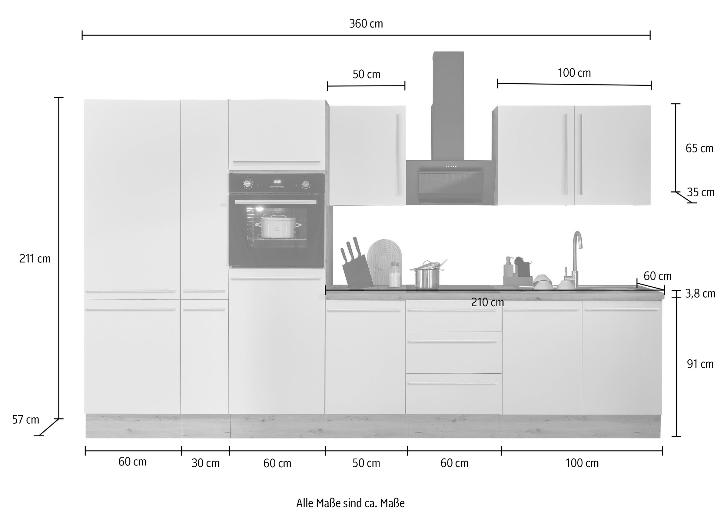 KOCHSTATION Küchenzeile »Florida«, Breite 360 cm, wahlweise mit E-Geräten,Softclose für Türen/Schubkästen