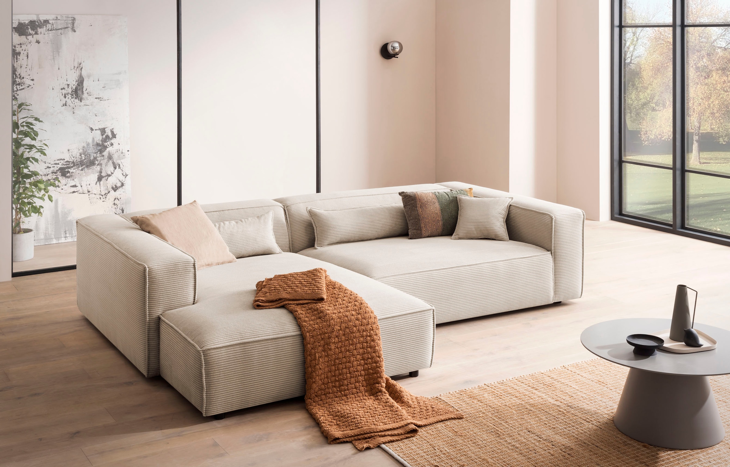 LeGer Home by Lena Gercke Ecksofa »PIARA XXL, Big-Sofa in Cord oder Leinenoptik, L-Form, mit Kedernaht«, wahlweise Ottomane rechts/links, schwarze Füße, extra tiefe Sitzfläche
