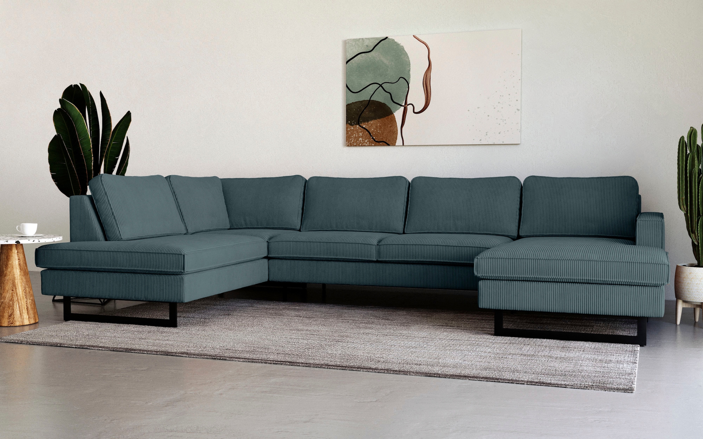 Places of Style Wohnlandschaft »Pinto, 350 cm, U-Form, XXL, mit Ottomanen«, Cord, Chenille, Lederoptik, mit Keder, Metallfüße, Wellenunterfederung