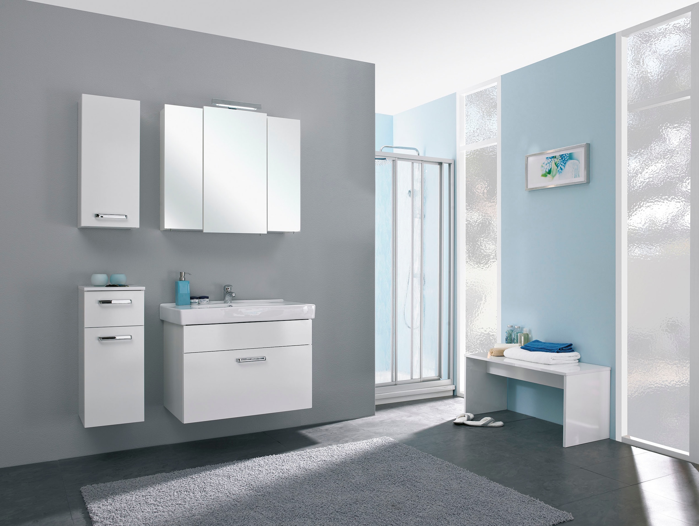 Saphir Badmöbel-Set »Quickset 4-teilig, Keramik-Waschtisch mit LED-Spiegelschrank«, (5 St.), Unterschrank, Hängeschrank, inkl. Türdämpfer, Griffe Chrom Glanz