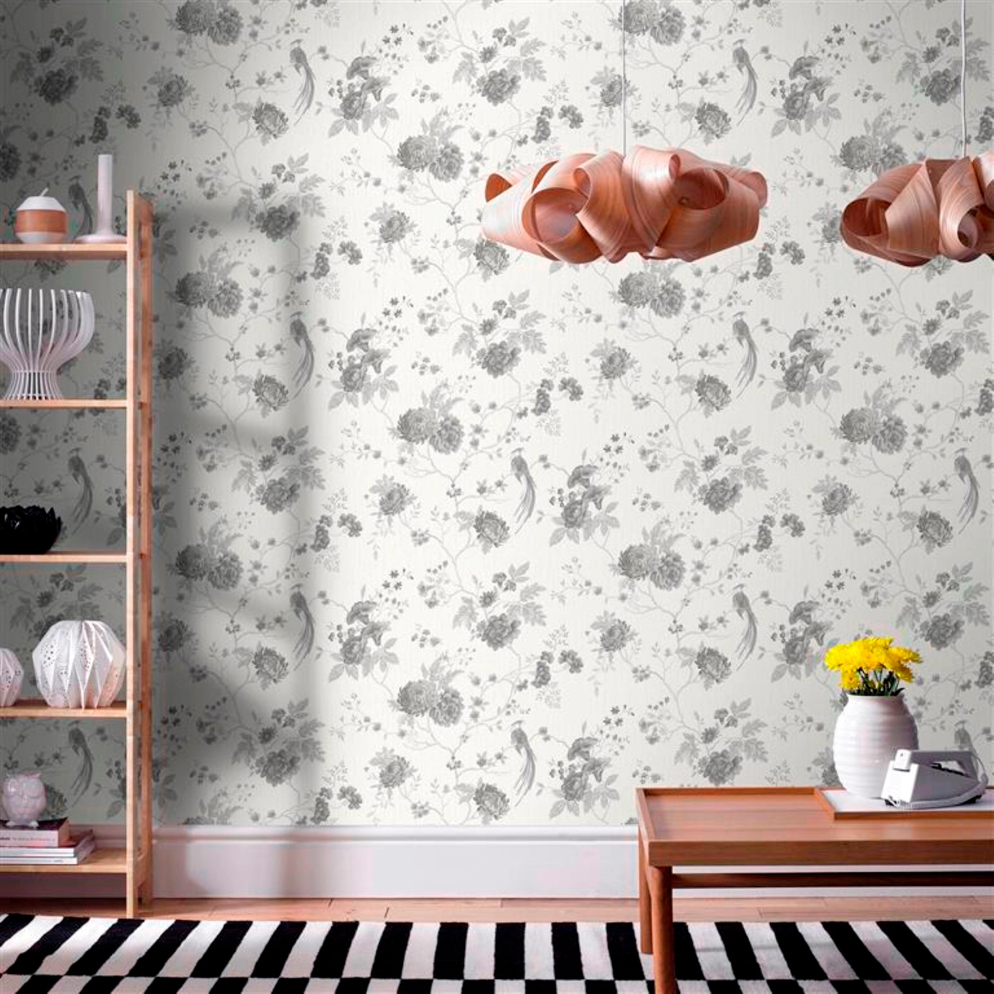 Boutique Vliestapete »Vogel & Blumen«, geblümt, Weiß/Silber - 10m x 52cm