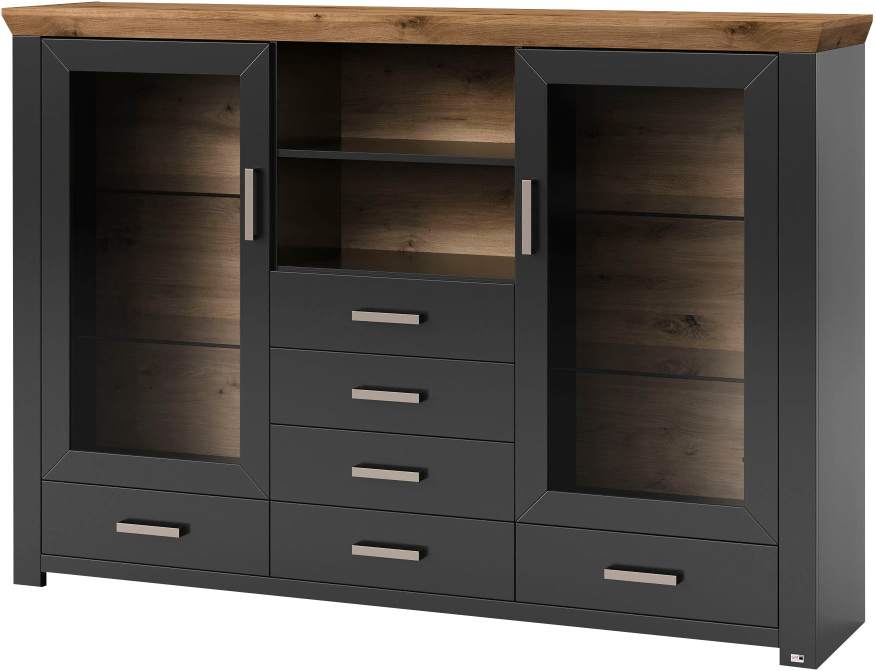 set one by Musterring Highboard »York«, Typ 56, mit Glastüren, Beleuchtung optional, B 184 cm
