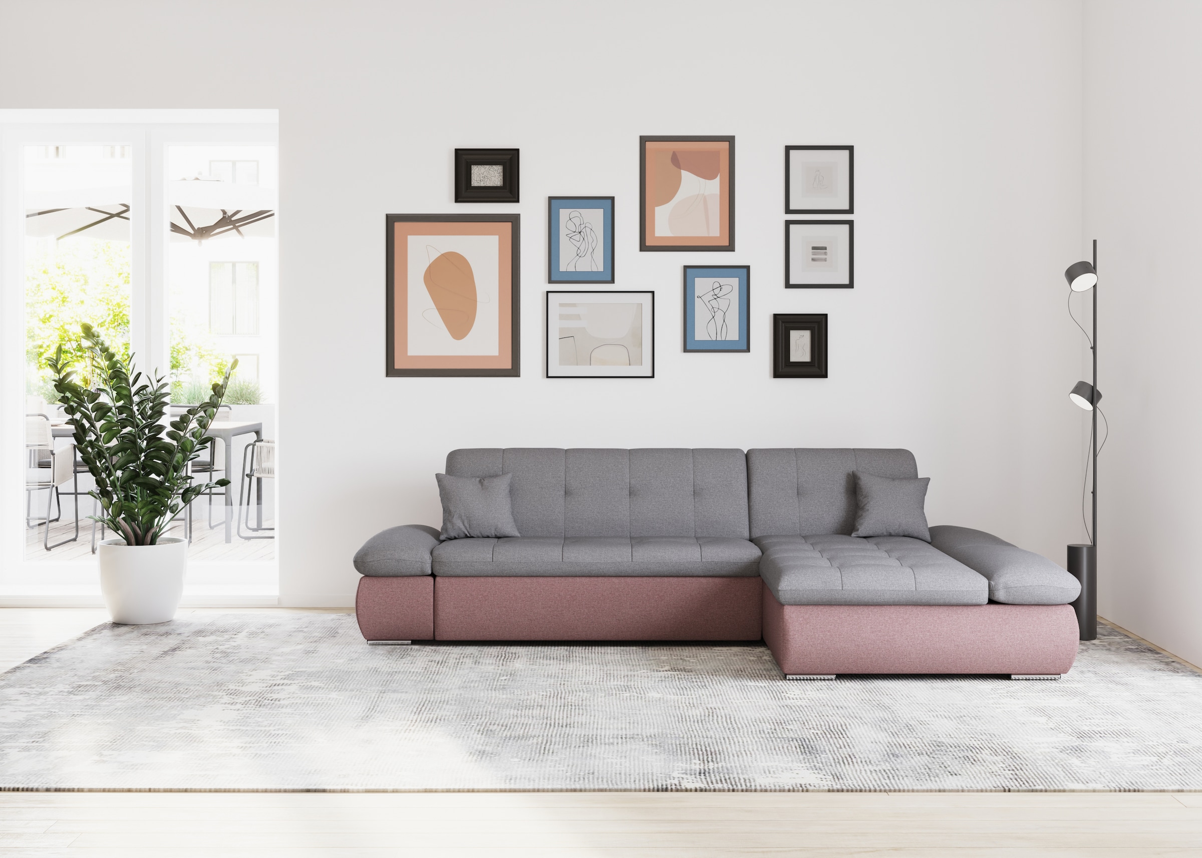 DOMO collection Ecksofa »Moric, L-Form, XXL-Sofa - Breite 300cm«, wahlweise mit Bettfunktion und Armteilverstellung, beere-grau