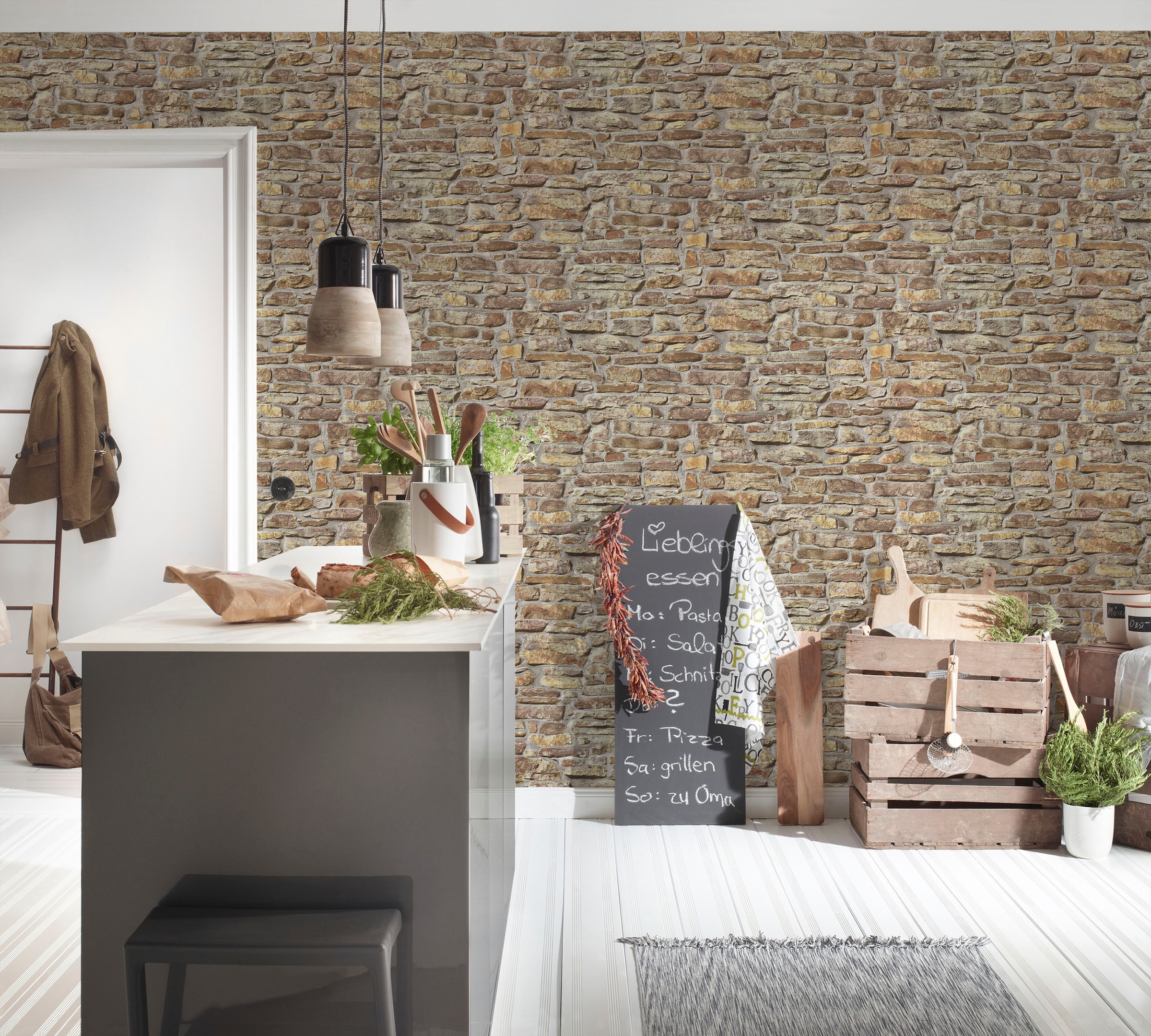 A.S. Création Vliestapete »Bricks & Stones Stein«, matt-gemustert-neutral, Steintapete Natursteintapete Tapeten Wohnzimmer Schlafzimmer Küche