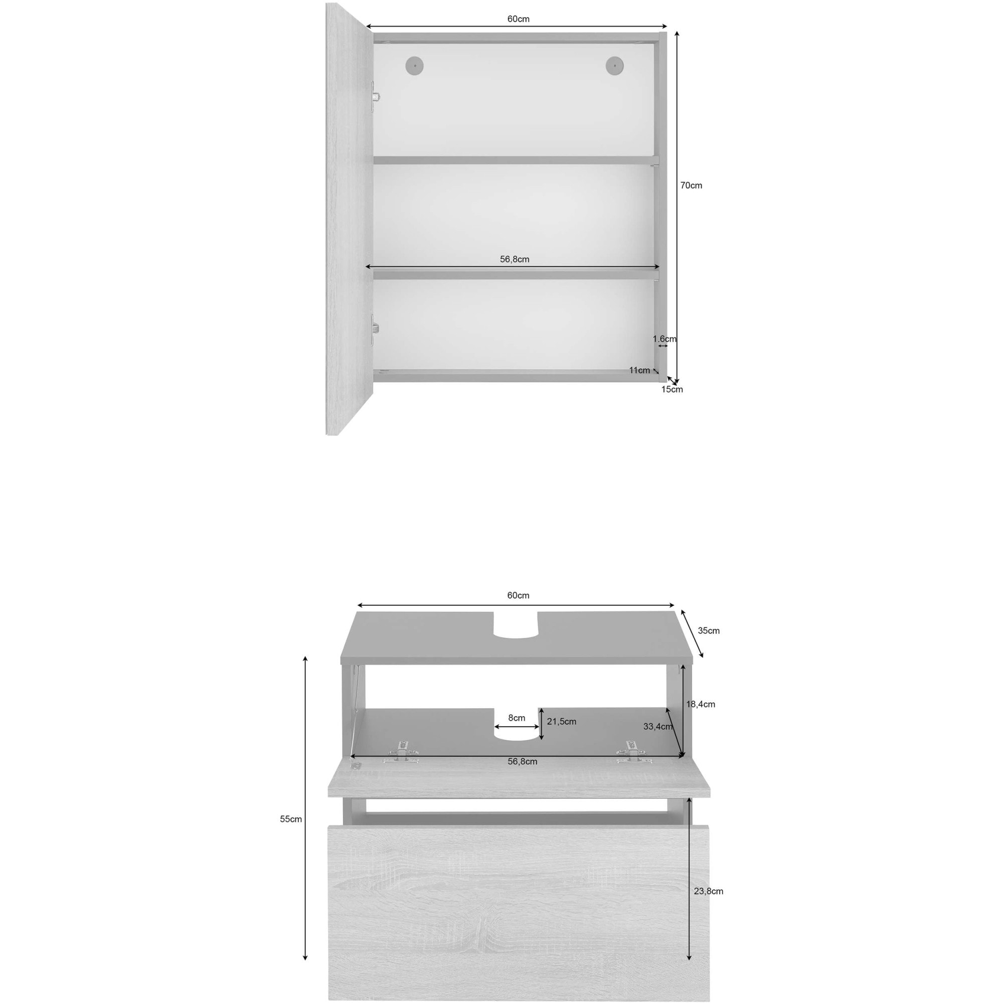 Home affaire Badmöbel-Set »Wisla«, (Set, 2 St.), Spiegelschrank, WBU mit Siphonausschnitt u. Push-to-open, Breite 60 cm