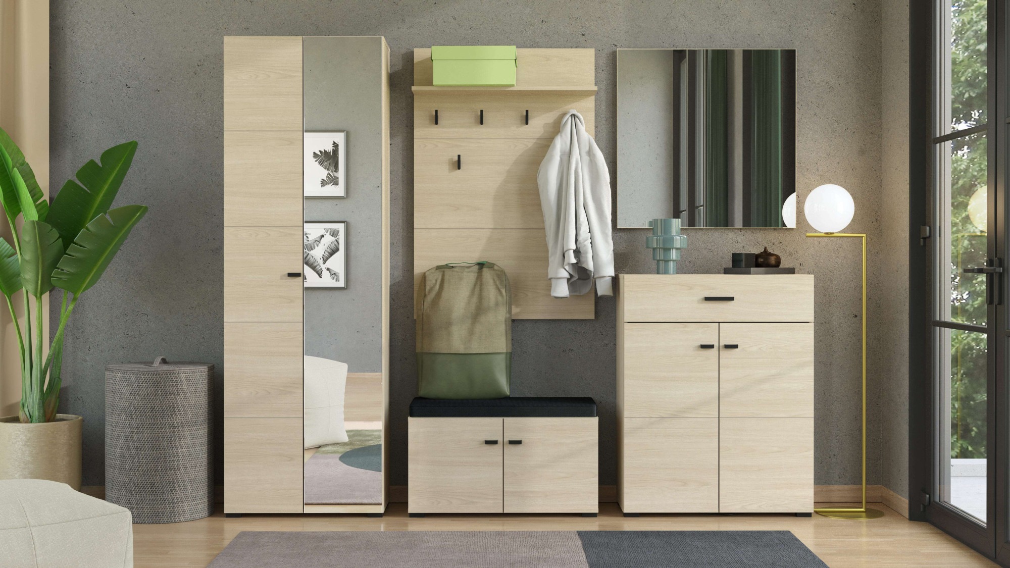 HOME AFFAIRE Garderoben-Set »Rathlin Flurmöbel, Dielenmöbel, Flurschrank, Flurgarderobe« 5tlg, 5 Stk. tlg. helle Hafeneiche Gesamtmaße (B/T/H):...