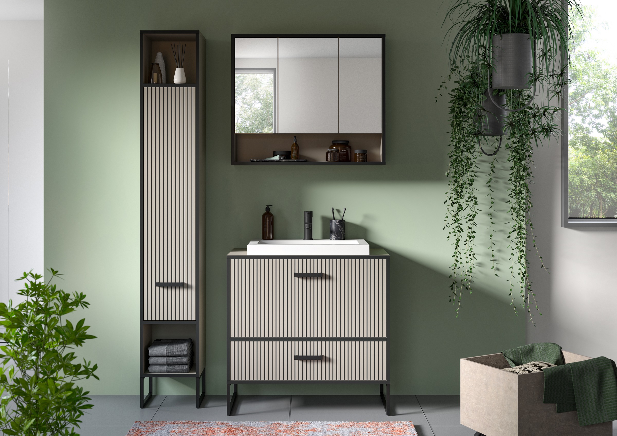 welltime Badmöbel-Set »Locri, Breite 125 cm, Rillenoptik, Metallkufen«, (3 St.), best. aus: Hochschrank, Spiegelschrank, Waschtisch