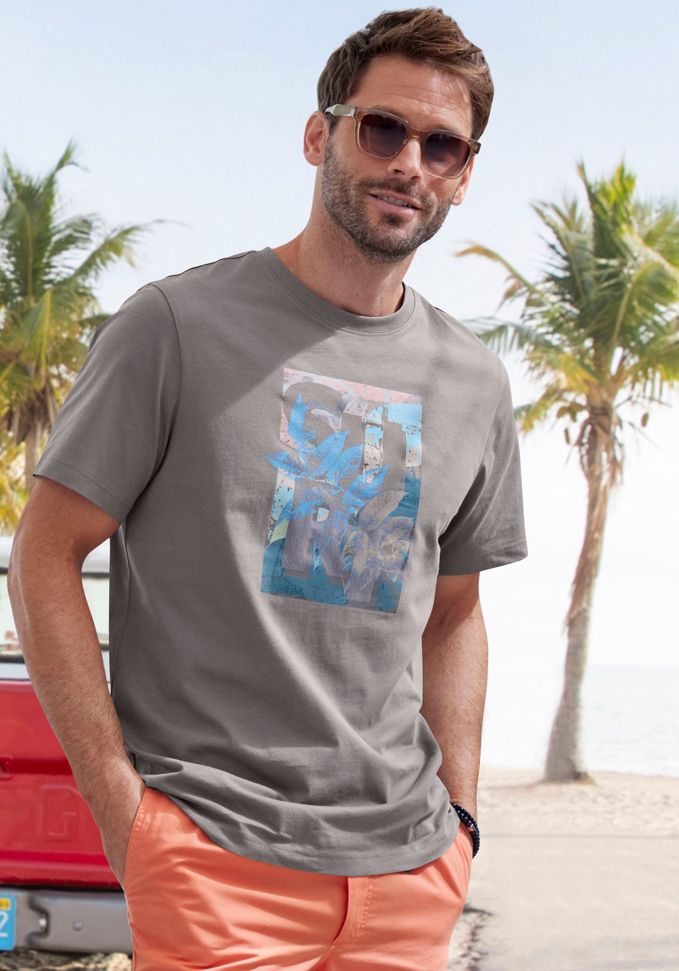 John Devin T-Shirt, Rundhalsshirt mit Surf -Aufdruck aus reiner Baumwolle