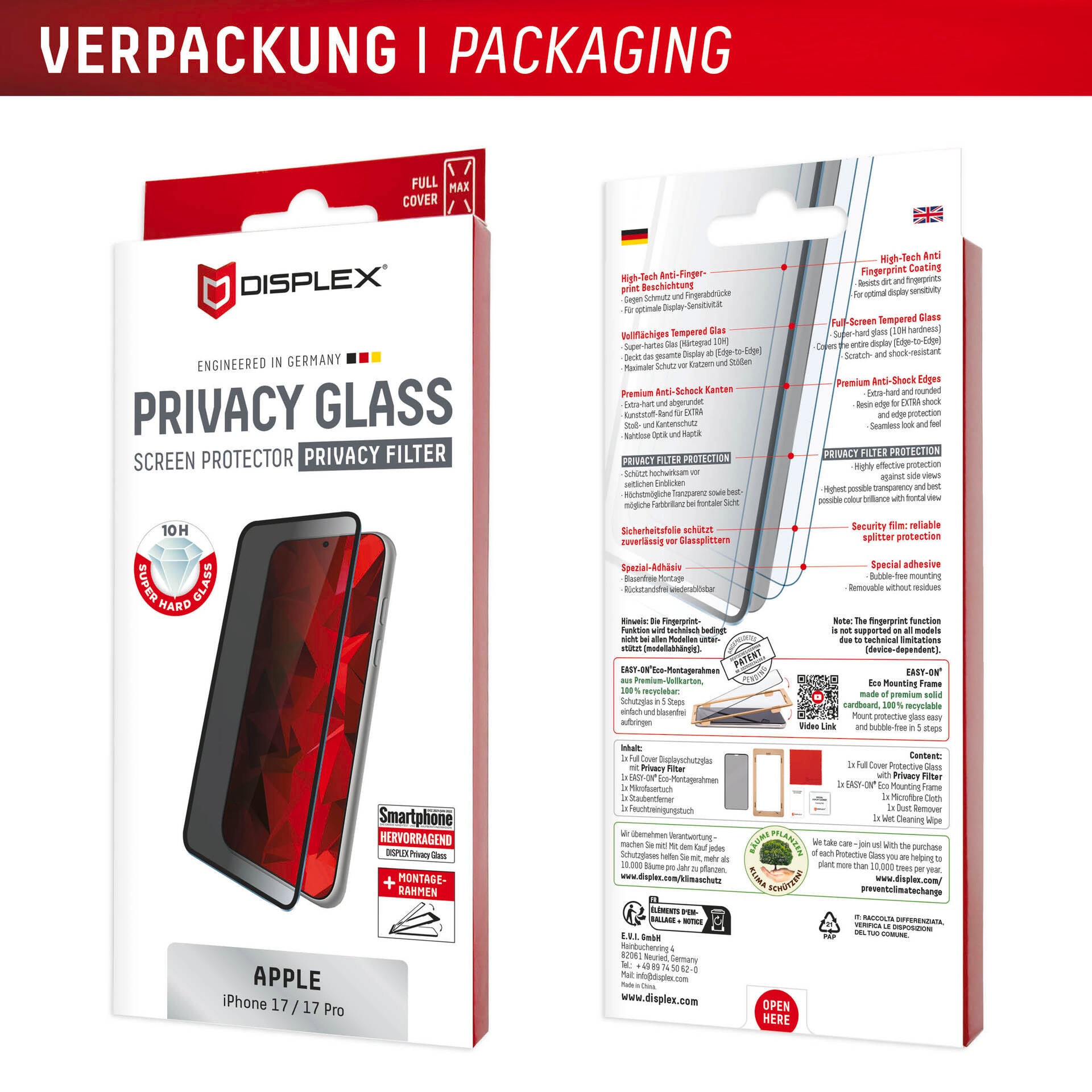 Displex Displayschutzglas »Privacy Glass Screen Protector«, für Apple iPhone 17-Apple iPhone 17 Pro, Displayschutzfolie, Schutzfolie, Bildschirmschutz, kratz- & stoßfest