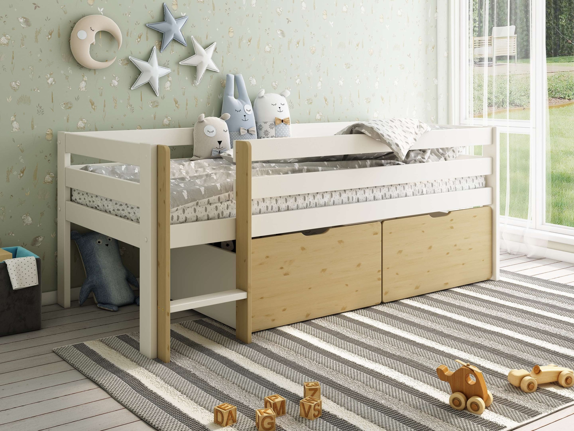 OTTO home Kinderbett »Tide, maximaler Stauraum durch Schubkästen, Massivholz« Kinderbett inklusive Lattenrost und 2 Bettkästen, 4 tlg. Hochbett mit Rausfallschutz, Made in EU