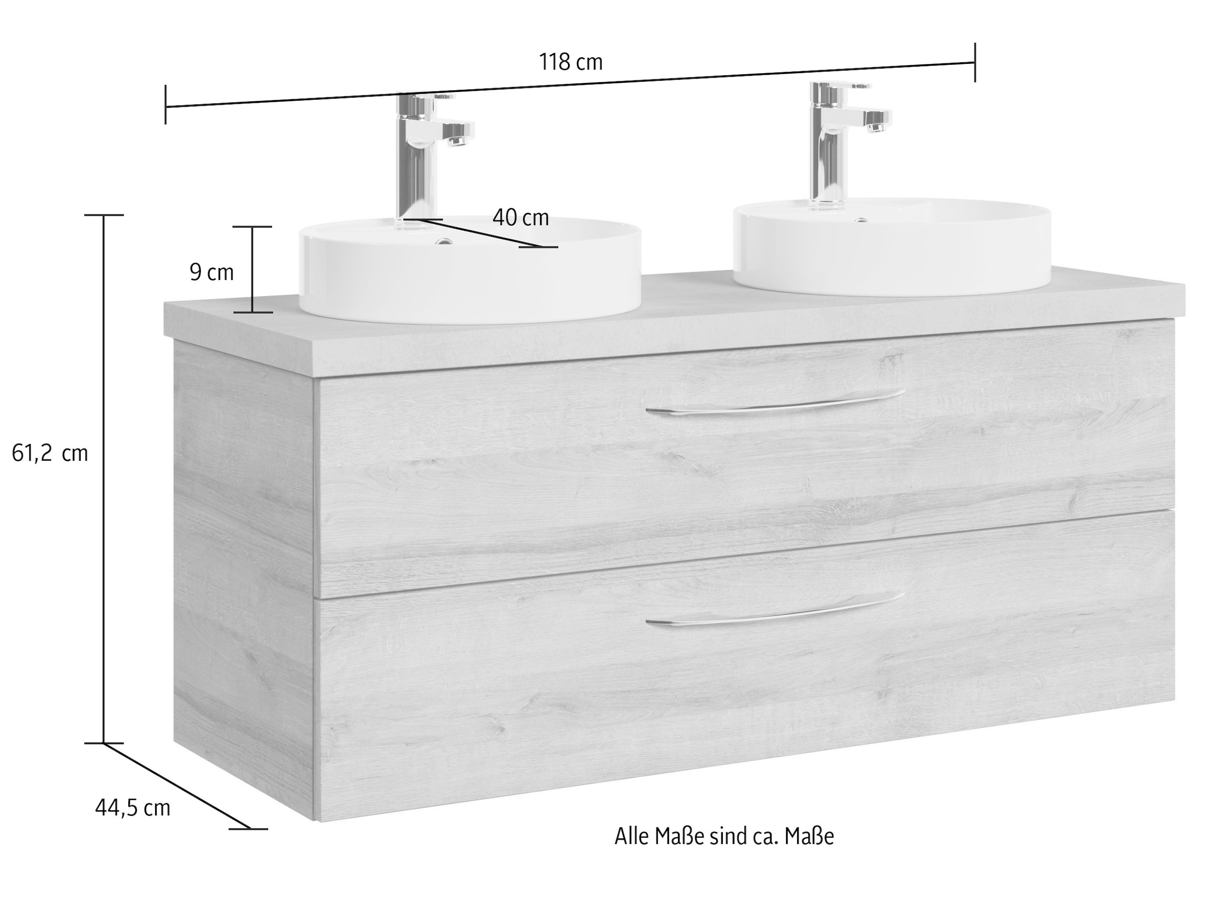 Saphir Waschtisch »Serie 4035 zwei Keramik-Aufsatzbecken mit Unterschrank, 118 cm breit«, Waschplatz, 2 Schubladen, inkl. Schubladendämpfer, Griffe Chrom Glanz