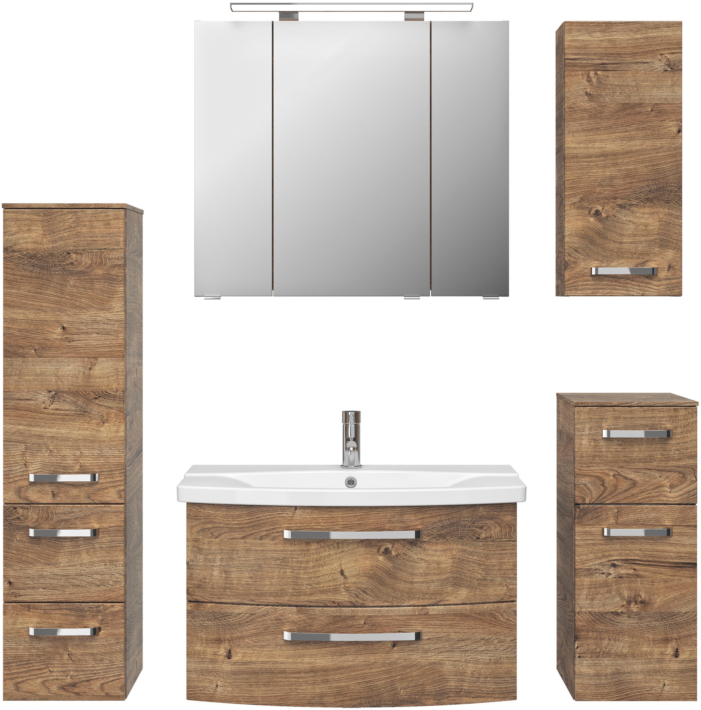 Saphir Badmöbel-Set »Serie 4010 5-teilig Keramik-Waschtisch mit LED-Spiegelschrank«, (Set), Bad Set mit Unterschrank, Hängeschrank, Midischrank, inkl. Türdämpfer