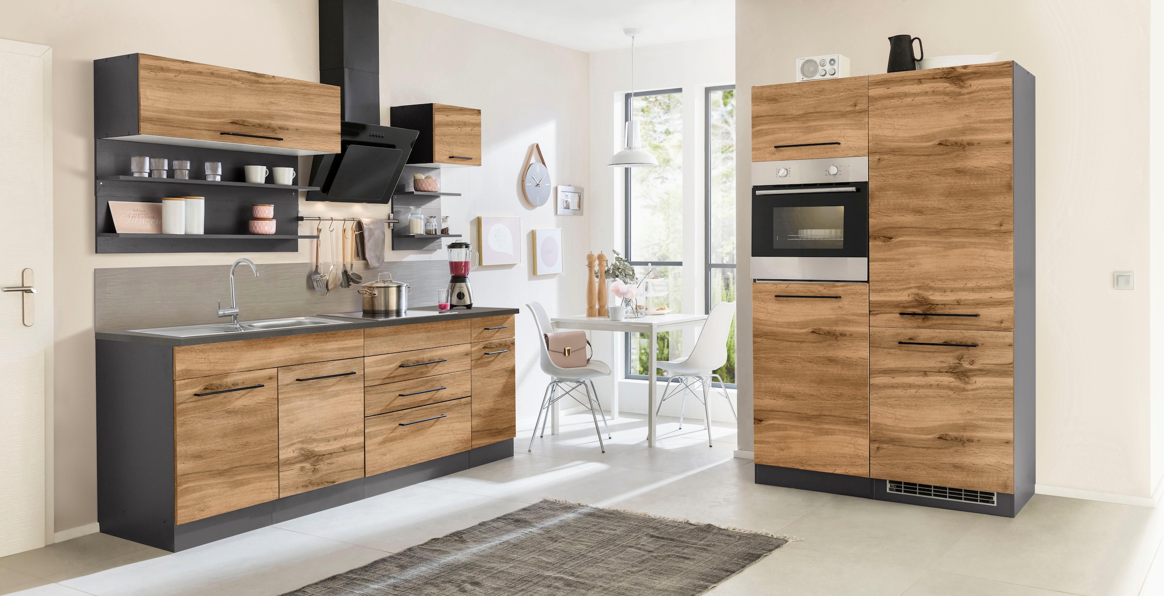 KOCHSTATION Küchenzeile »KS-Tulsa« ohne E-Geräte, Breite 350 cm, schwarze Metallgriffe, MDF Fronten