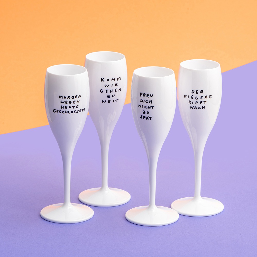 KOZIOL Sektglas »CHEERS No. 1 SPRUCHREIF Glas 100 ml mit Druck, 4 Motive« spülmaschinengeeignet