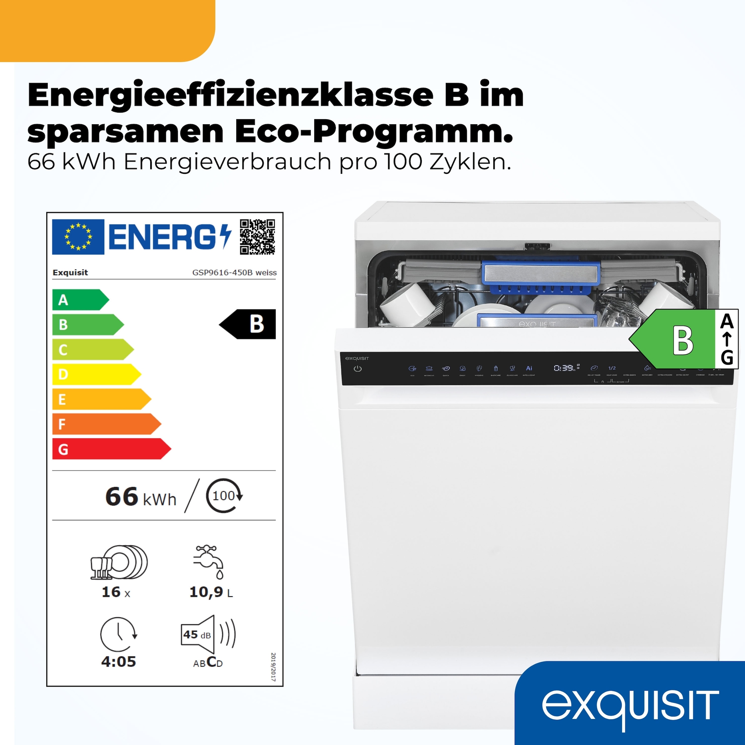 exquisit Standgeschirrspüler 9616 »GSP9616-450B weiss« 10,9 l 16 tlg. Maßgedecke 16 Maßgedecke & flüsterleise 44 dB – stark und angenehm ruhig