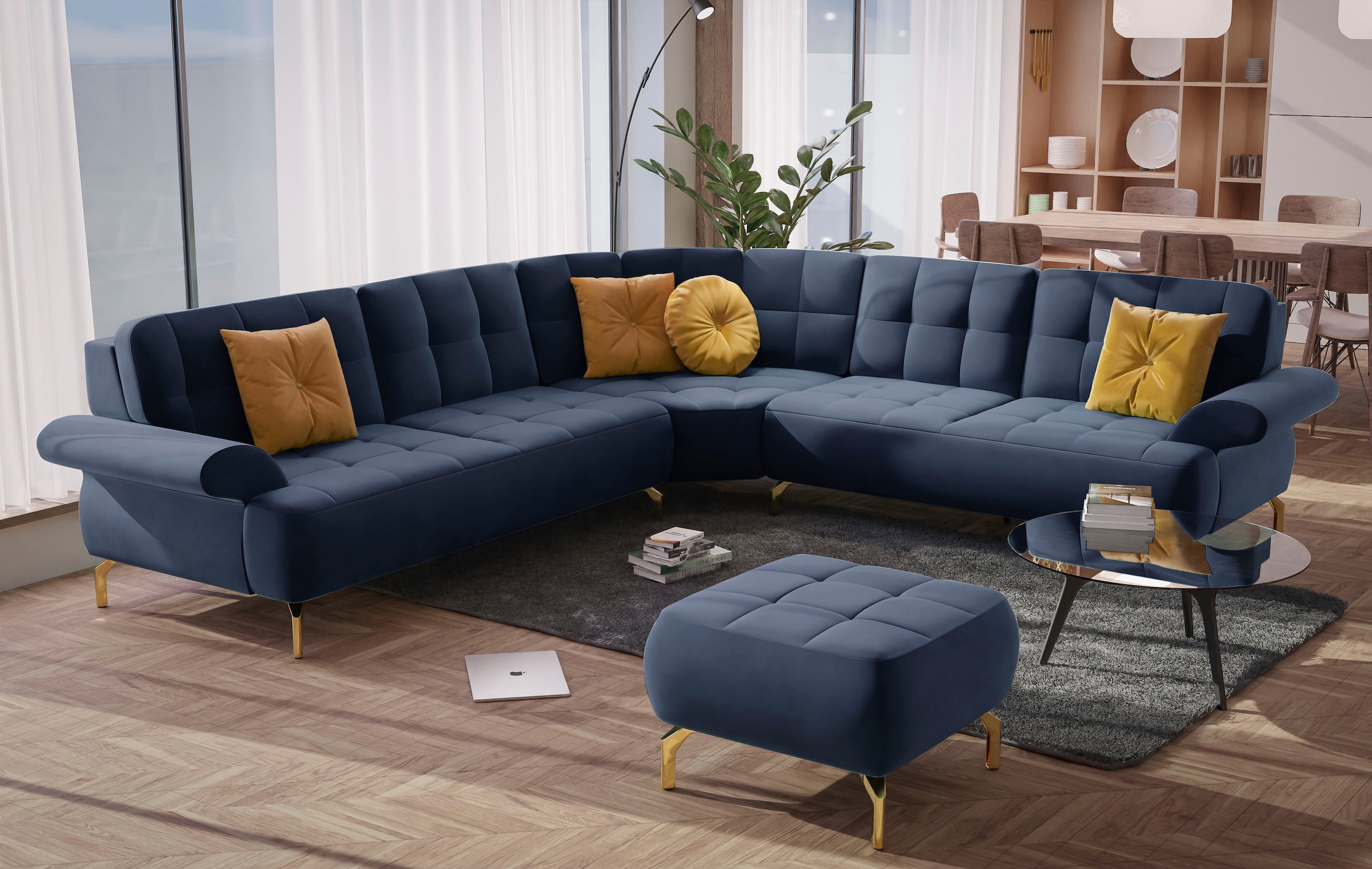 sit&more Ecksofa »Orient 1 L-Form«, inkl. 4 Zierkissen mit Strass-Stein, goldfarbene Metallfüße