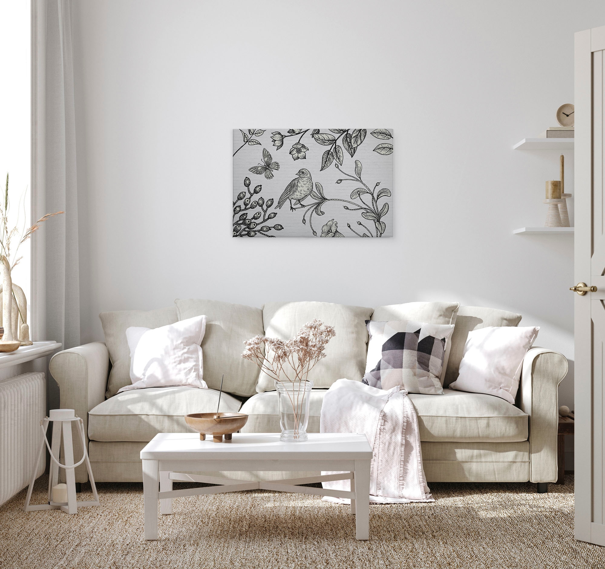 A.S. Création Leinwandbild »birdy« Gemälde | Kunst 1 Stk. tlg. Schwarz-Weiß Zeichnung Floral Keilrahmen Leinwand-Bild Wohnzimmer Wand