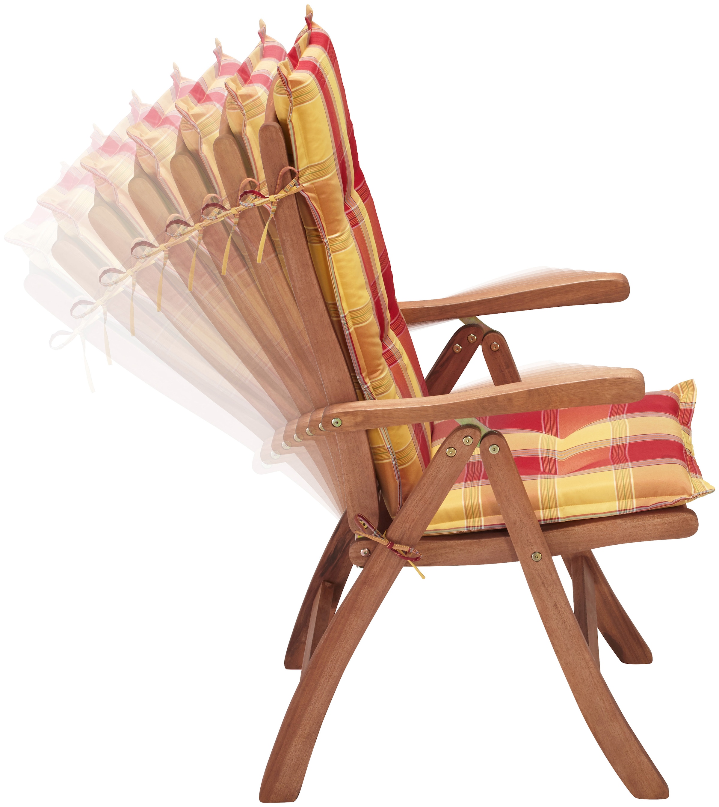 MERXX Garten-Essgruppe »Maracaibo«, (13 tlg., 6xKlappsessel, inkl. Auflagen, 1x Ausziehtisch 160(210)x90 cm), Eukalyptusholz, FSC® Mix, geeignet für 6 Personen