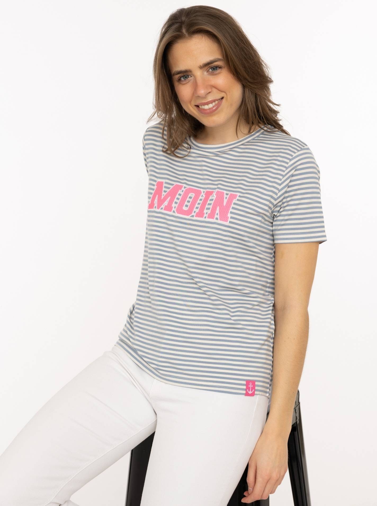 Zwillingsherz T-Shirt »"Anker Moin"« gestreift, gestickter Schriftzug, maritim, Rundhals