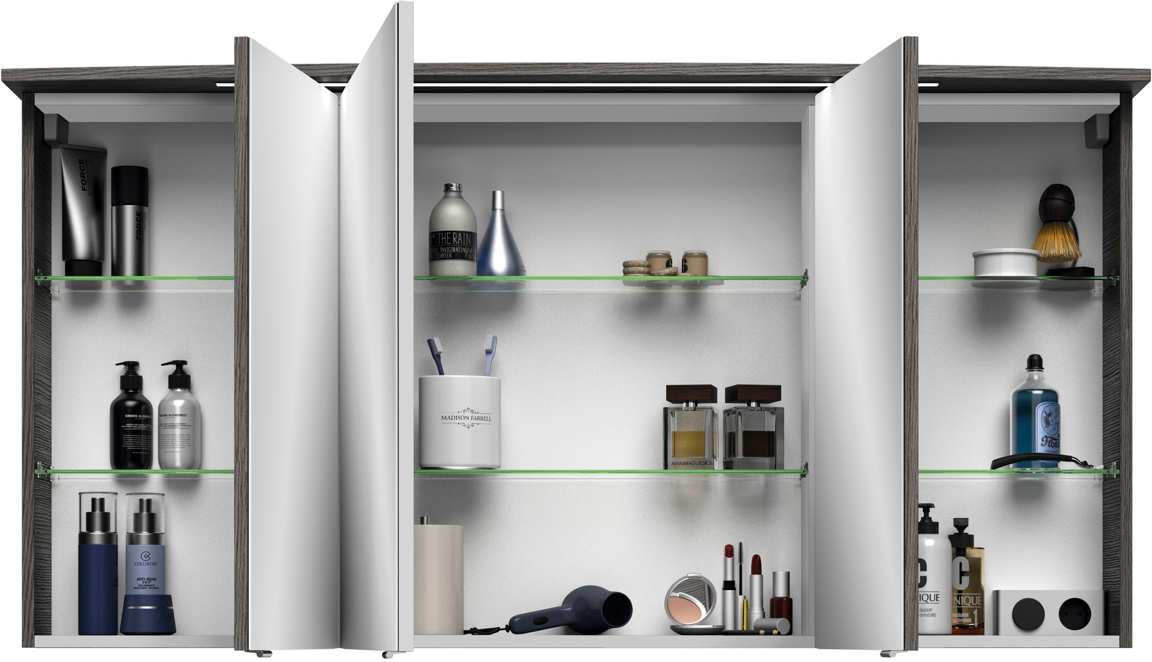 Saphir Badezimmerspiegelschrank »Serie 4010 Badezimmer-Spiegelschrank inkl. LED-Beleuchtung im Kranz«, Badschrank 142 cm breit, 3 Türen, 6 Glas-Einlegeböden, inkl Türdämpfer