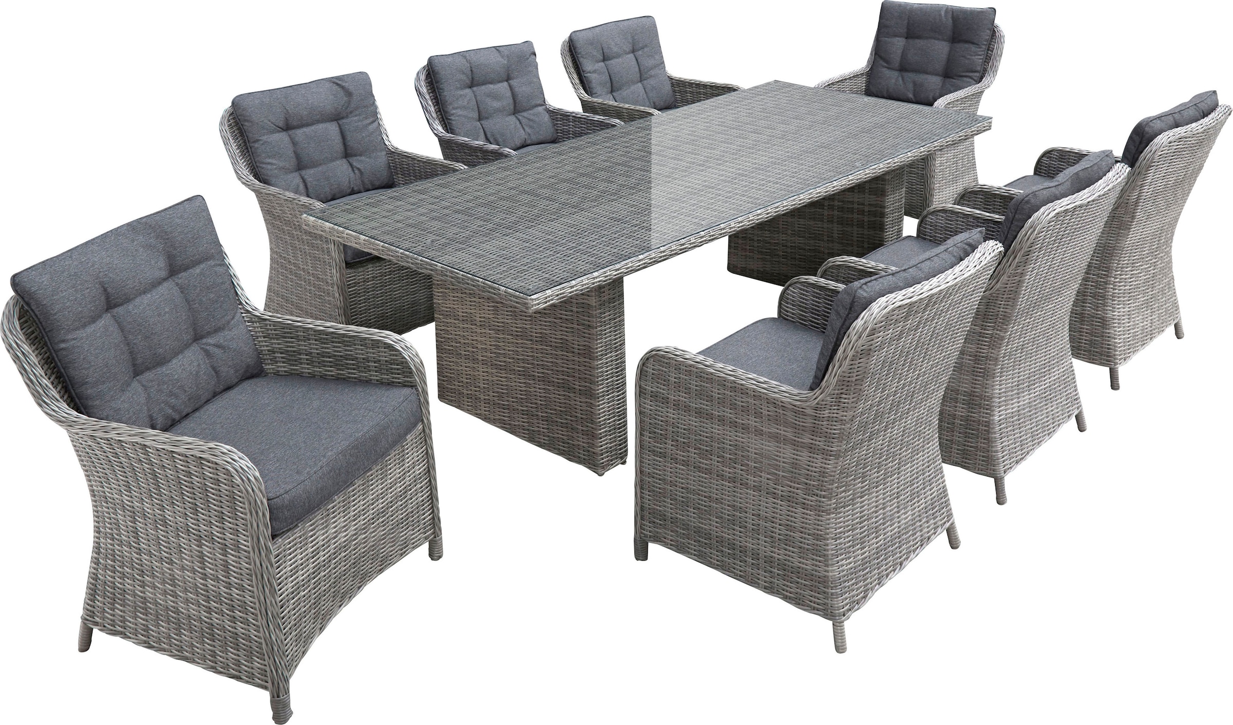 KONIFERA Garten-Essgruppe »»Menorca««, (Set, 25 tlg., 8x Sessel, 1x Tisch 230,8x100x75 cm, inkl. Auflagen, Alu, Polyrattan), Polyrattan, Aluminium, Tischplatte aus 5mm starkem Sicherheitsglas